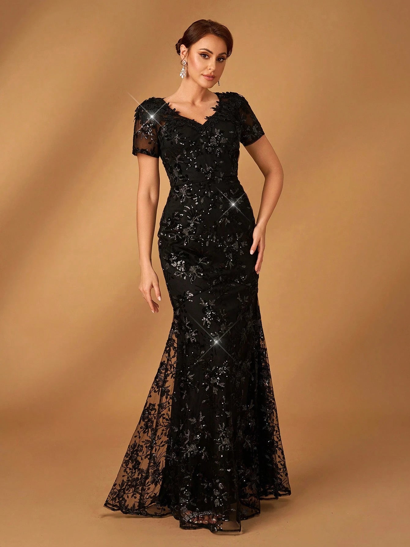 Serin Elegant Black Winter Formal Evening Wedding Dress,Luxurious Sequin Embroidery V-Neck Short Sleeves Slim - image 4