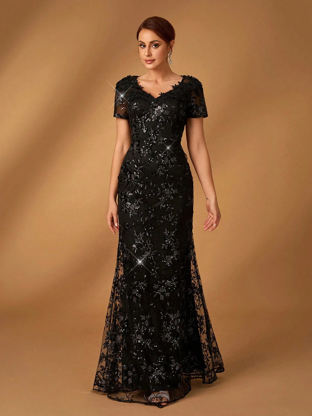 Serin Elegant Black Winter Formal Evening Wedding Dress,Luxurious Sequin Embroidery V-Neck Short Sleeves Slim - image 6