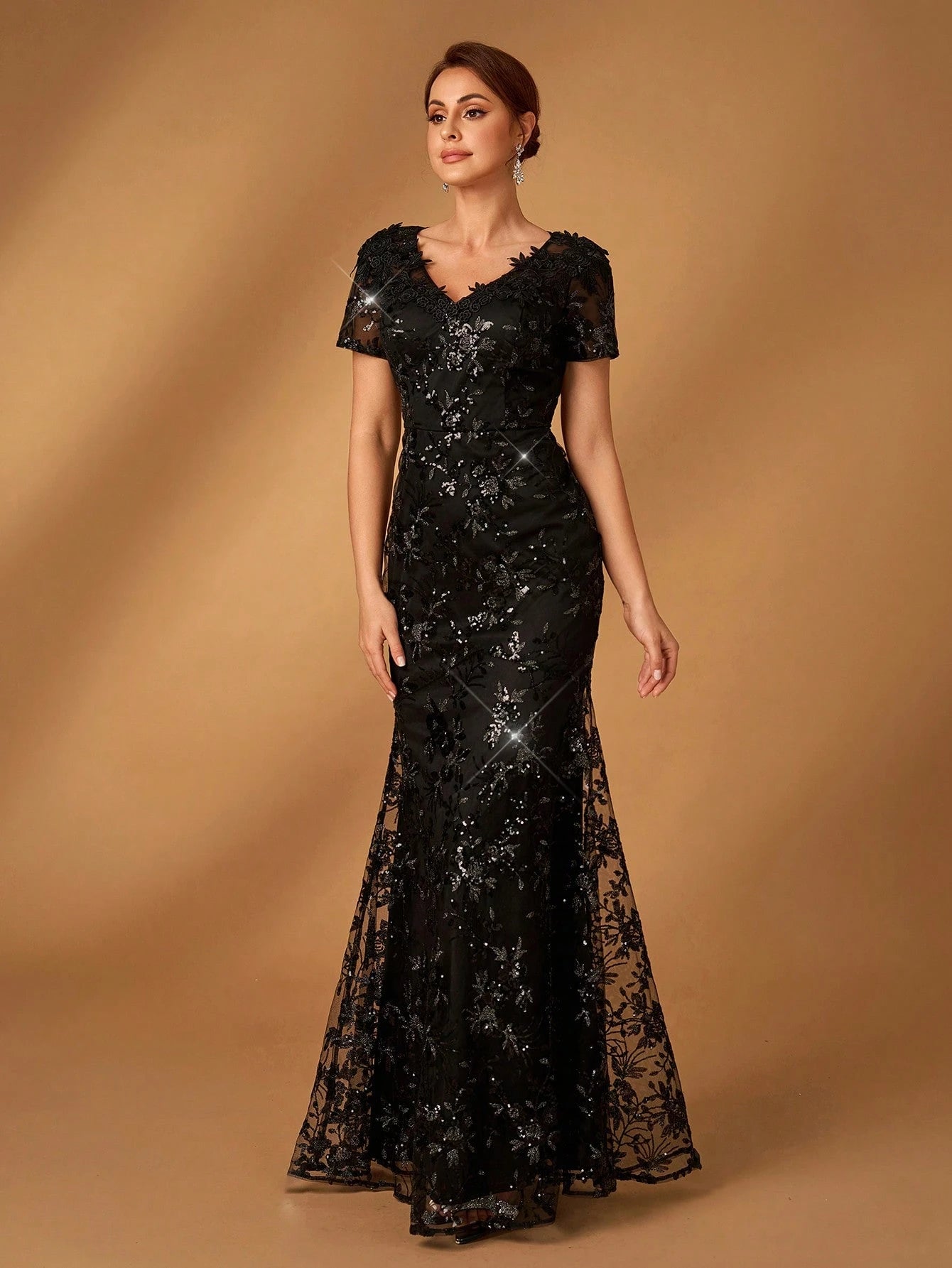 Serin Elegant Black Winter Formal Evening Wedding Dress,Luxurious Sequin Embroidery V-Neck Short Sleeves Slim - image 7