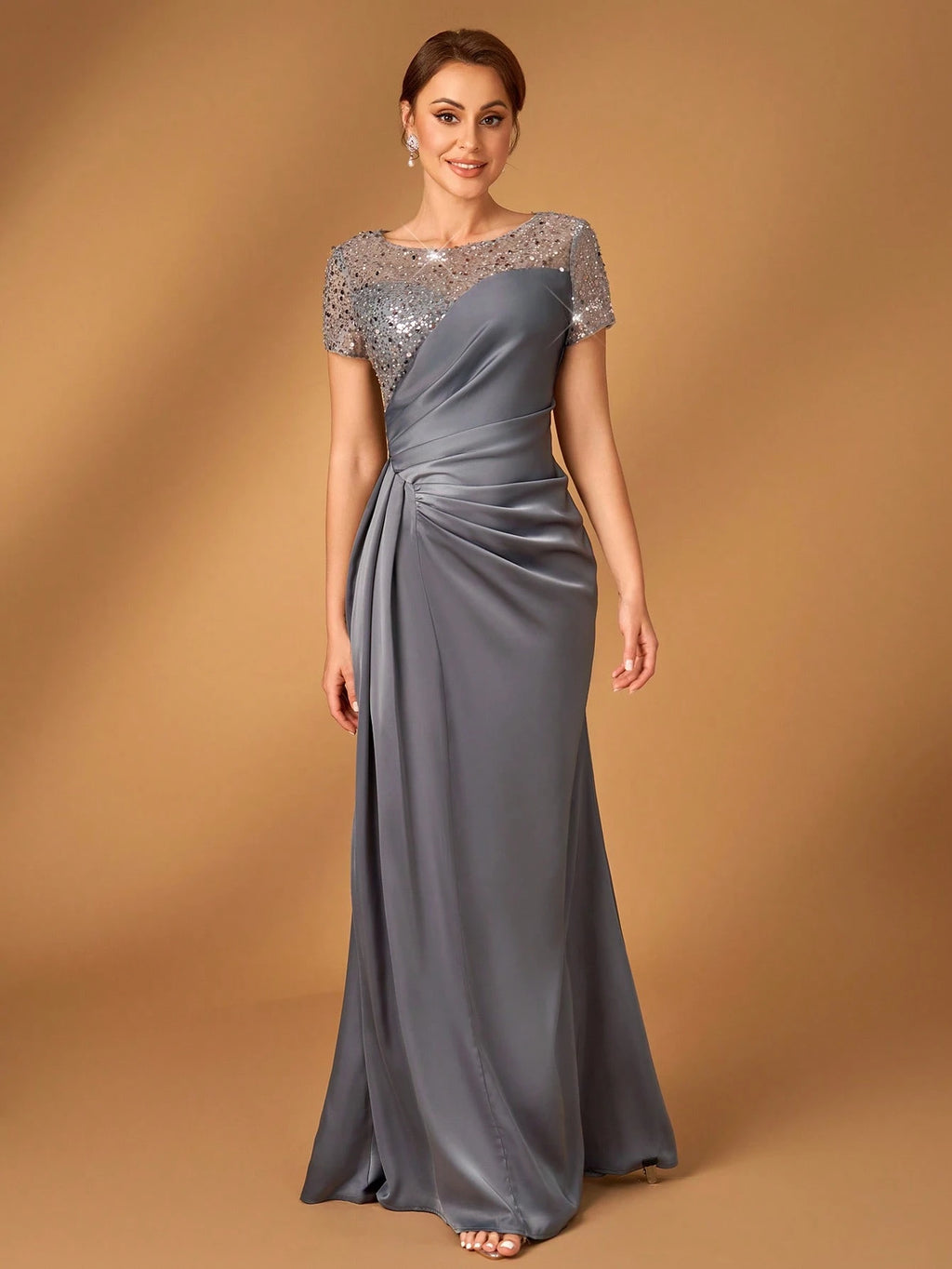 Serin Navy Blue,Winter,Formal,Evening,Elegant Luxurious Pearl & Sequin Embellished Satin Ruched Fishtail Hem - image 10