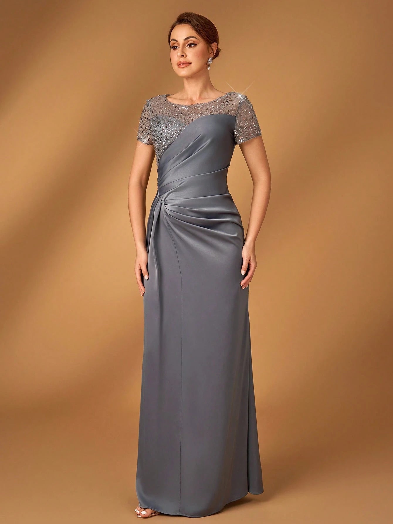 Serin Navy Blue,Winter,Formal,Evening,Elegant Luxurious Pearl & Sequin Embellished Satin Ruched Fishtail Hem - image 11