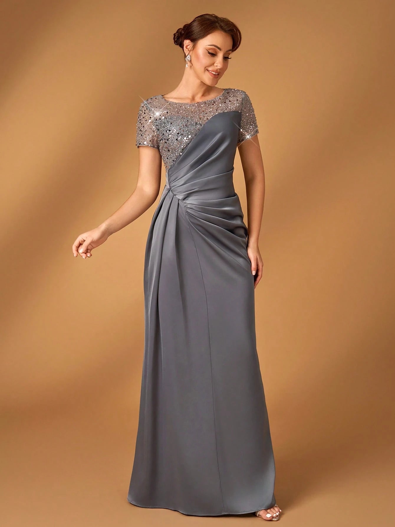Serin Navy Blue,Winter,Formal,Evening,Elegant Luxurious Pearl & Sequin Embellished Satin Ruched Fishtail Hem - image 7