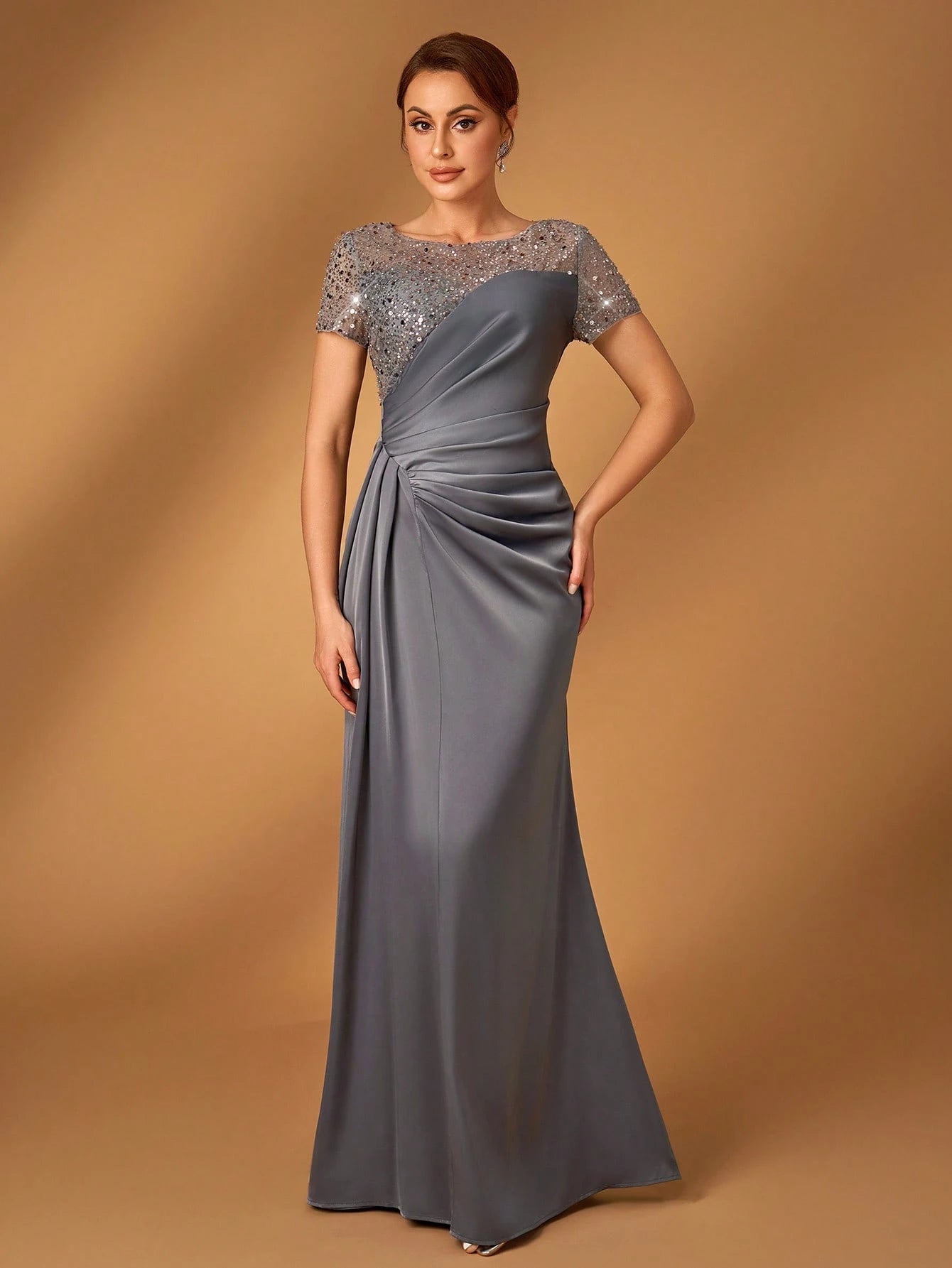 Serin Navy Blue,Winter,Formal,Evening,Elegant Luxurious Pearl & Sequin Embellished Satin Ruched Fishtail Hem - image 13