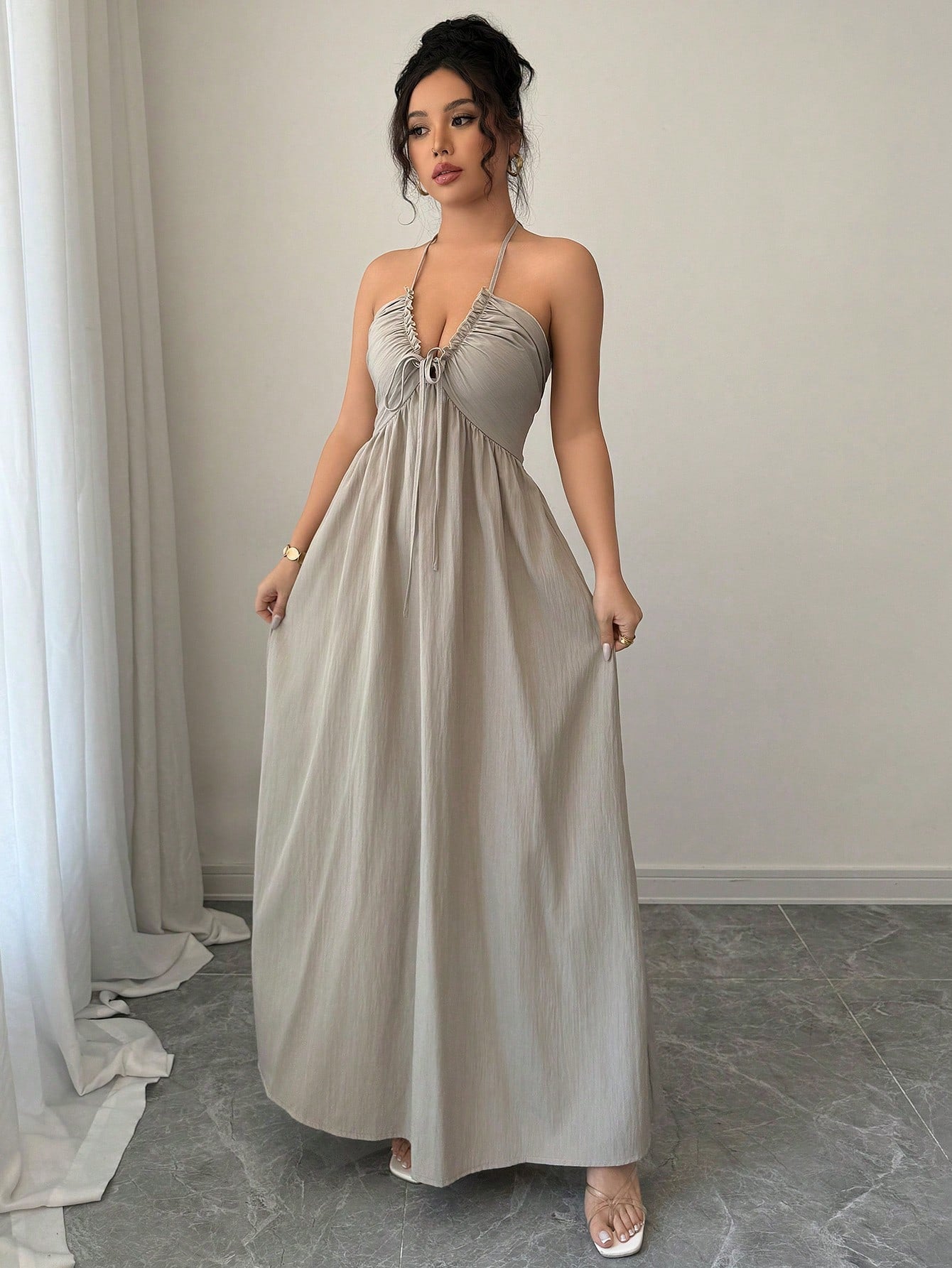 Rafferiza Women's Summer Sexy Beach Vacation Style Solid Color Halter Backless A-Line Dress Halter Dress - image 9