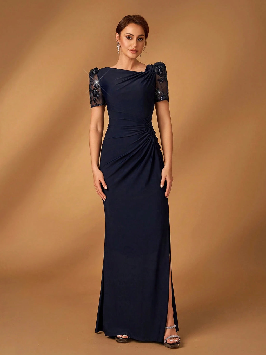 Serin Summer Elegant Navy Blue Short-Sleeved Floral Beaded Embroidery Evening Wedding Dress,Chic Modest Lace - image 6