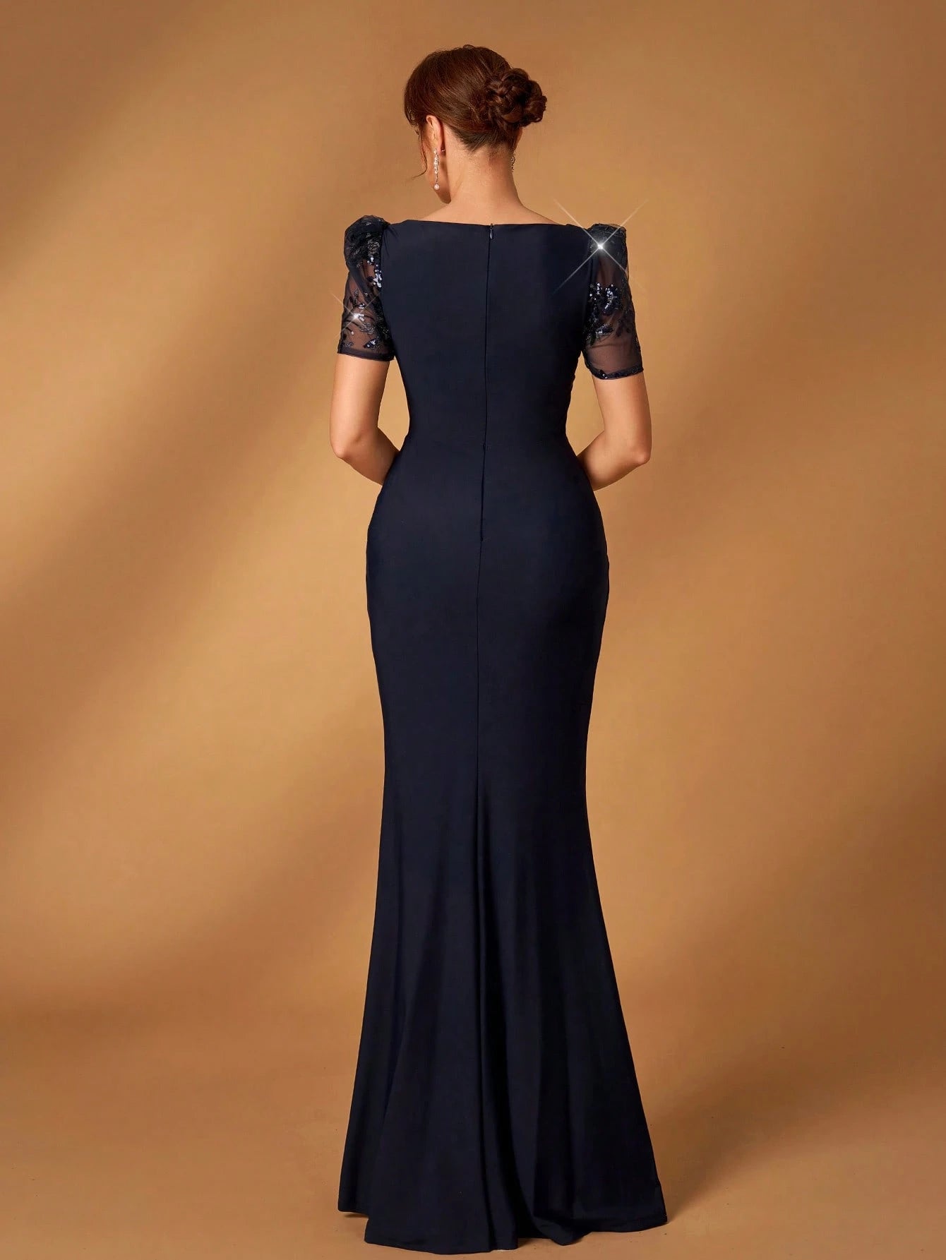 Serin Summer Elegant Navy Blue Short-Sleeved Floral Beaded Embroidery Evening Wedding Dress,Chic Modest Lace - image 4
