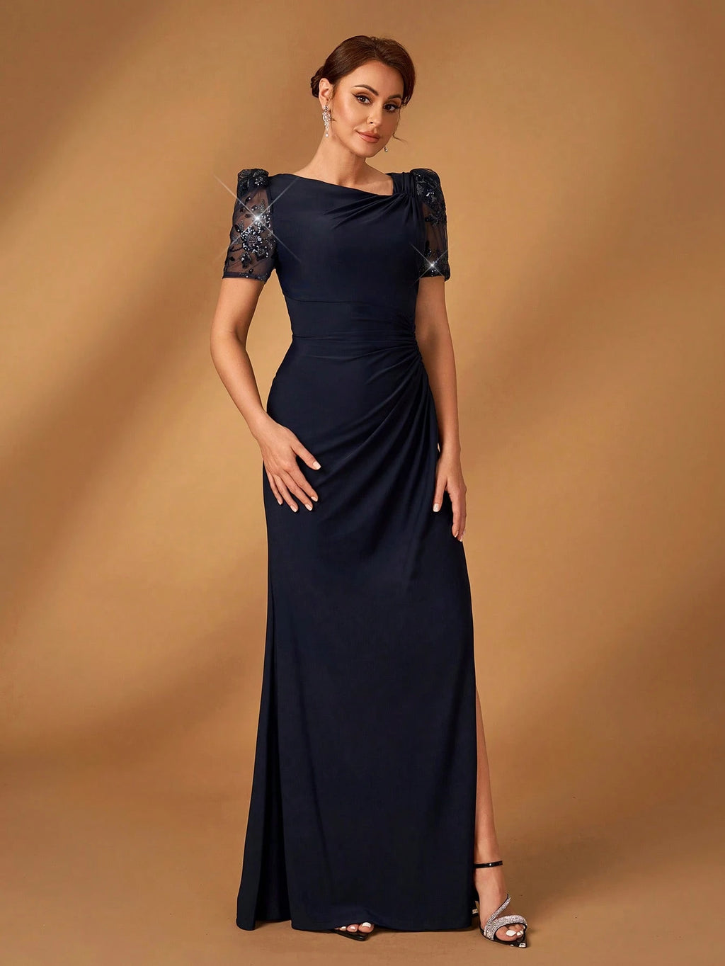 Serin Summer Elegant Navy Blue Short-Sleeved Floral Beaded Embroidery Evening Wedding Dress,Chic Modest Lace - image 5