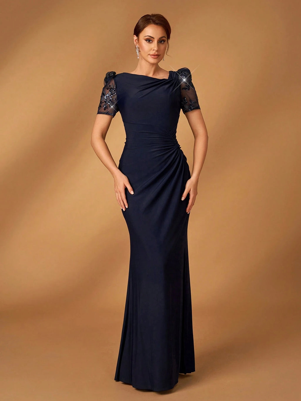 Serin Summer Elegant Navy Blue Short-Sleeved Floral Beaded Embroidery Evening Wedding Dress,Chic Modest Lace - image 7
