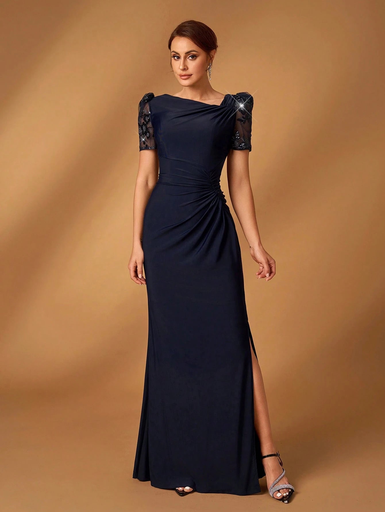 Serin Summer Elegant Navy Blue Short-Sleeved Floral Beaded Embroidery Evening Wedding Dress,Chic Modest Lace - image 2