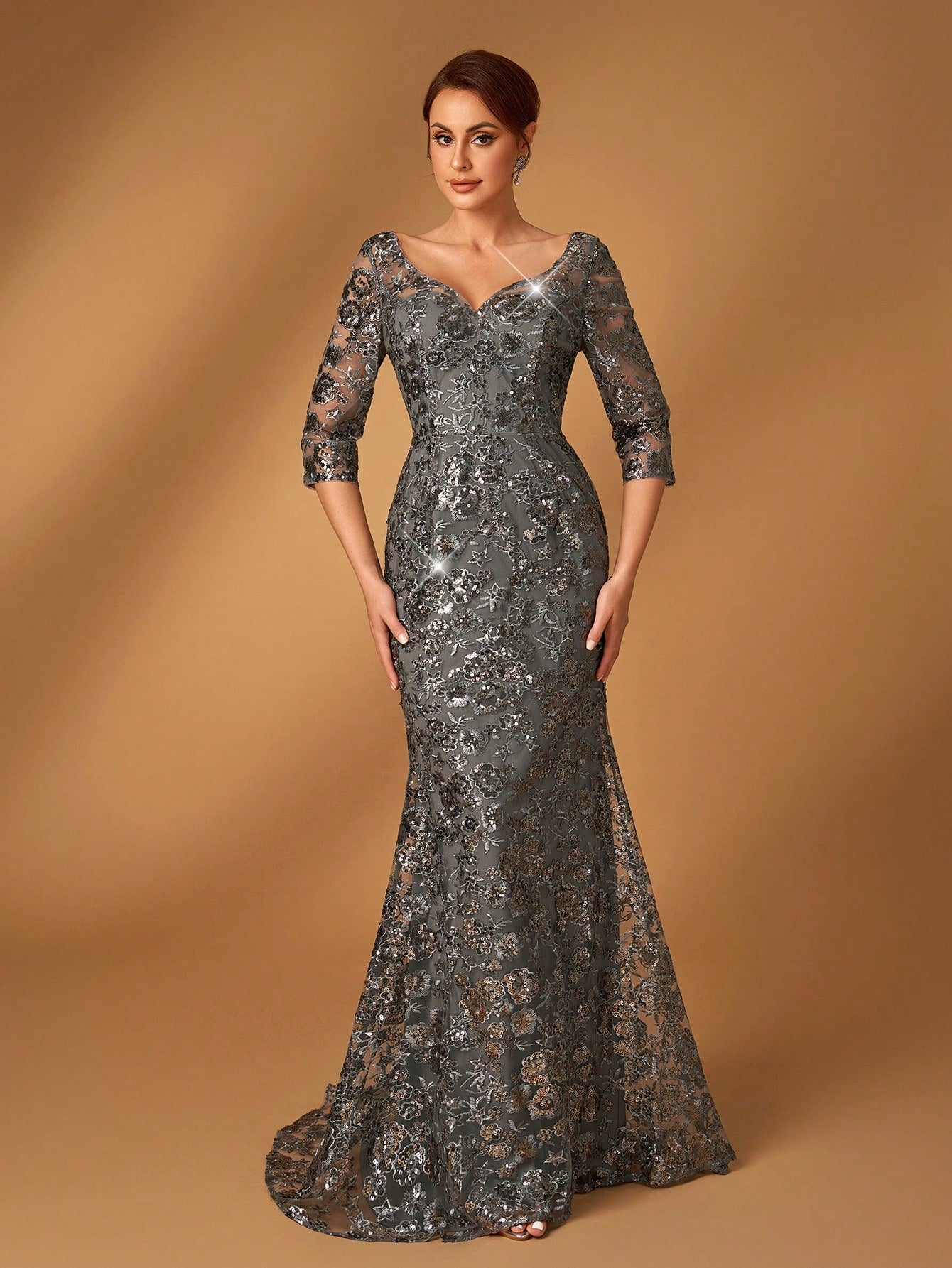Serin Summer Elegant Dark Green Sequin Embroidery V-Neck Three-Quarter Sleeves Slim Fishtail Dress,Spring