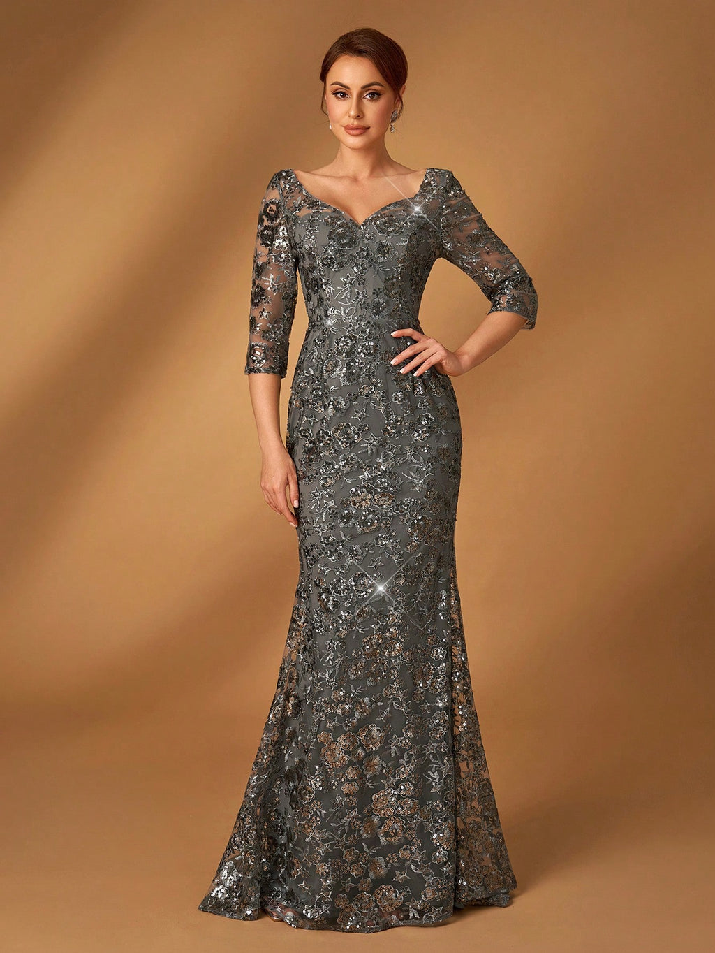Serin Summer Elegant Dark Green Sequin Embroidery V-Neck Three-Quarter Sleeves Slim Fishtail Dress,Spring - image 3