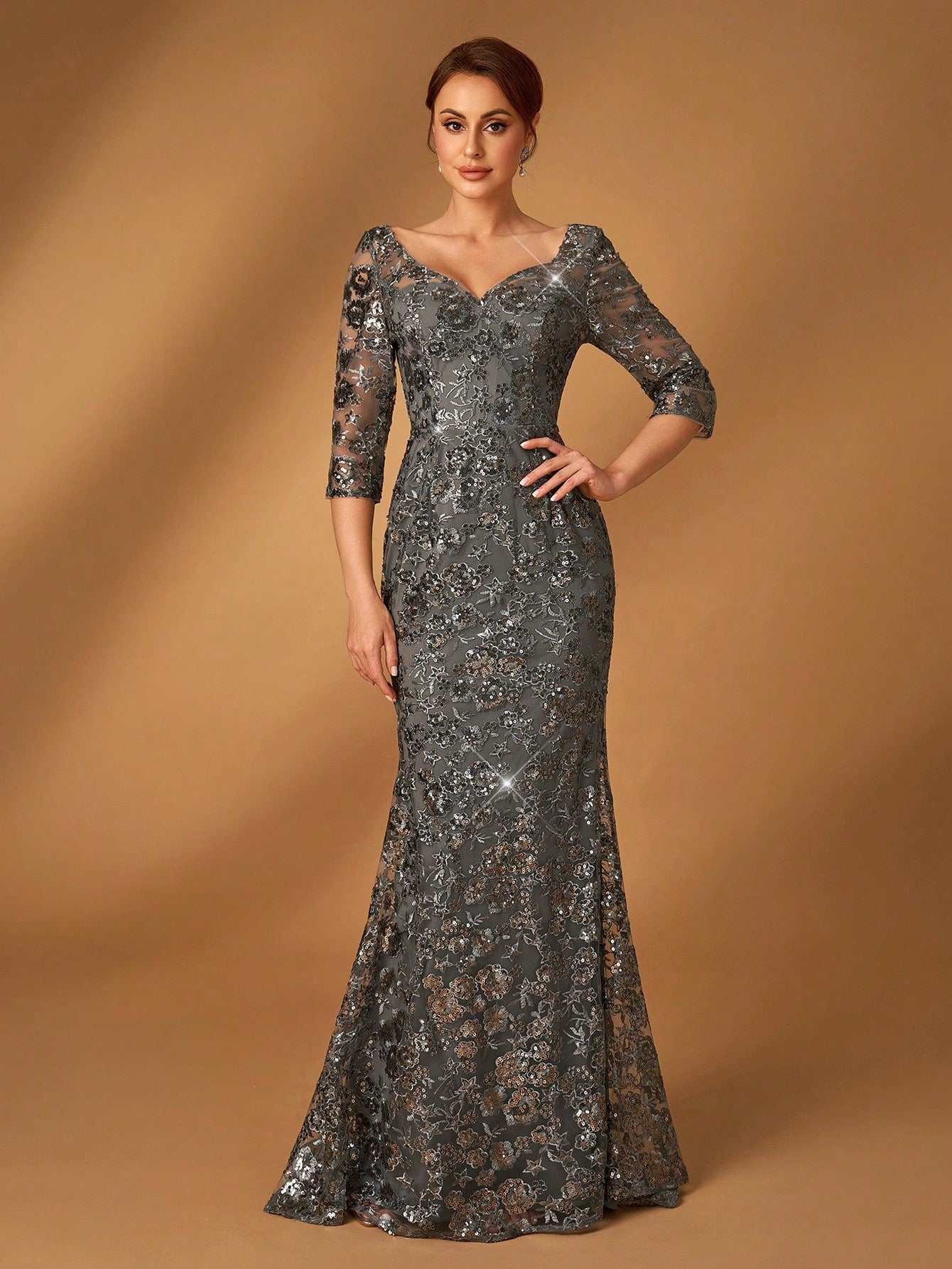 Serin Summer Elegant Dark Green Sequin Embroidery V-Neck Three-Quarter Sleeves Slim Fishtail Dress,Spring - image 3