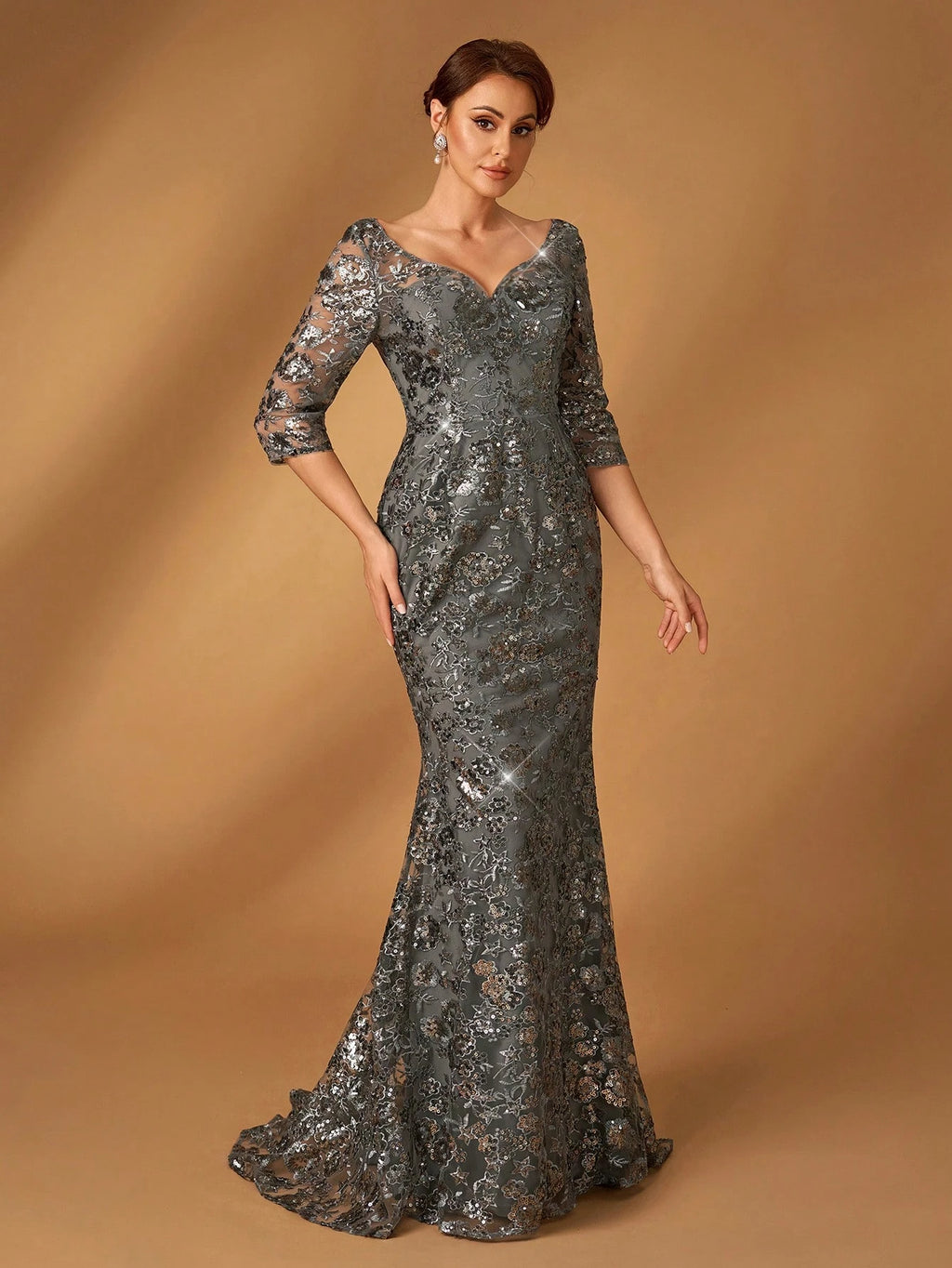 Serin Summer Elegant Dark Green Sequin Embroidery V-Neck Three-Quarter Sleeves Slim Fishtail Dress,Spring - image 4