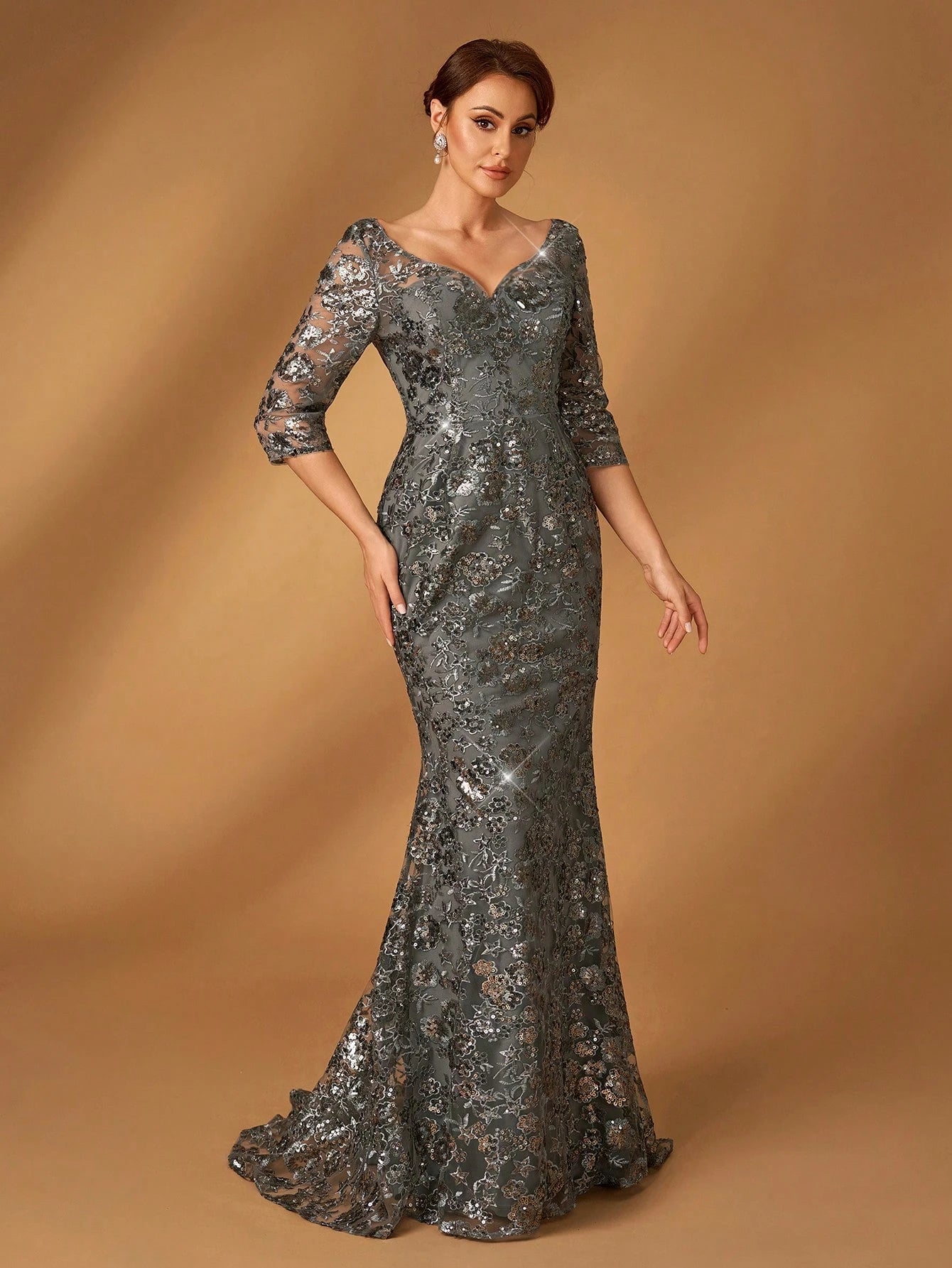 Serin Summer Elegant Dark Green Sequin Embroidery V-Neck Three-Quarter Sleeves Slim Fishtail Dress,Spring - image 4