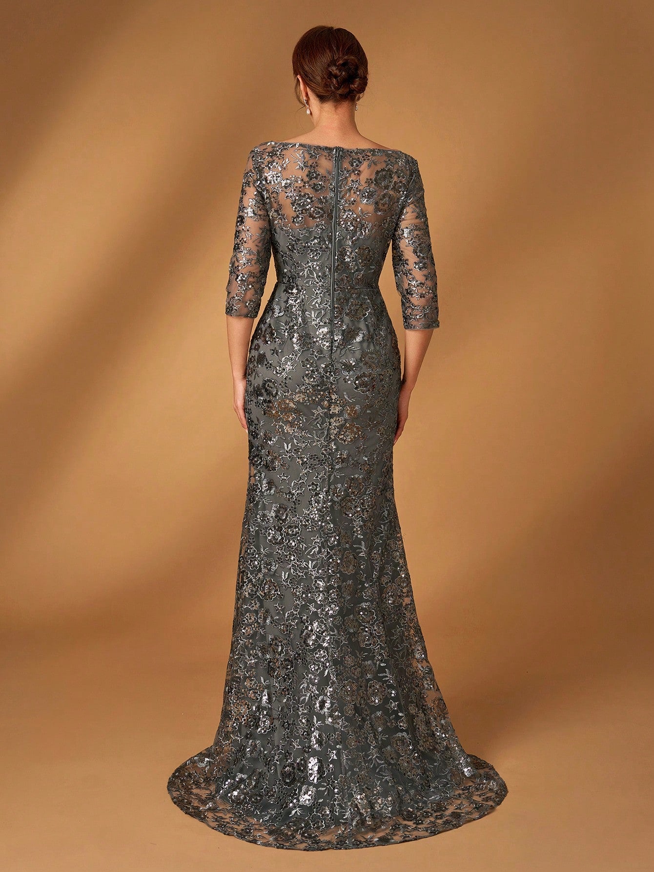 Serin Summer Elegant Dark Green Sequin Embroidery V-Neck Three-Quarter Sleeves Slim Fishtail Dress,Spring - image 5
