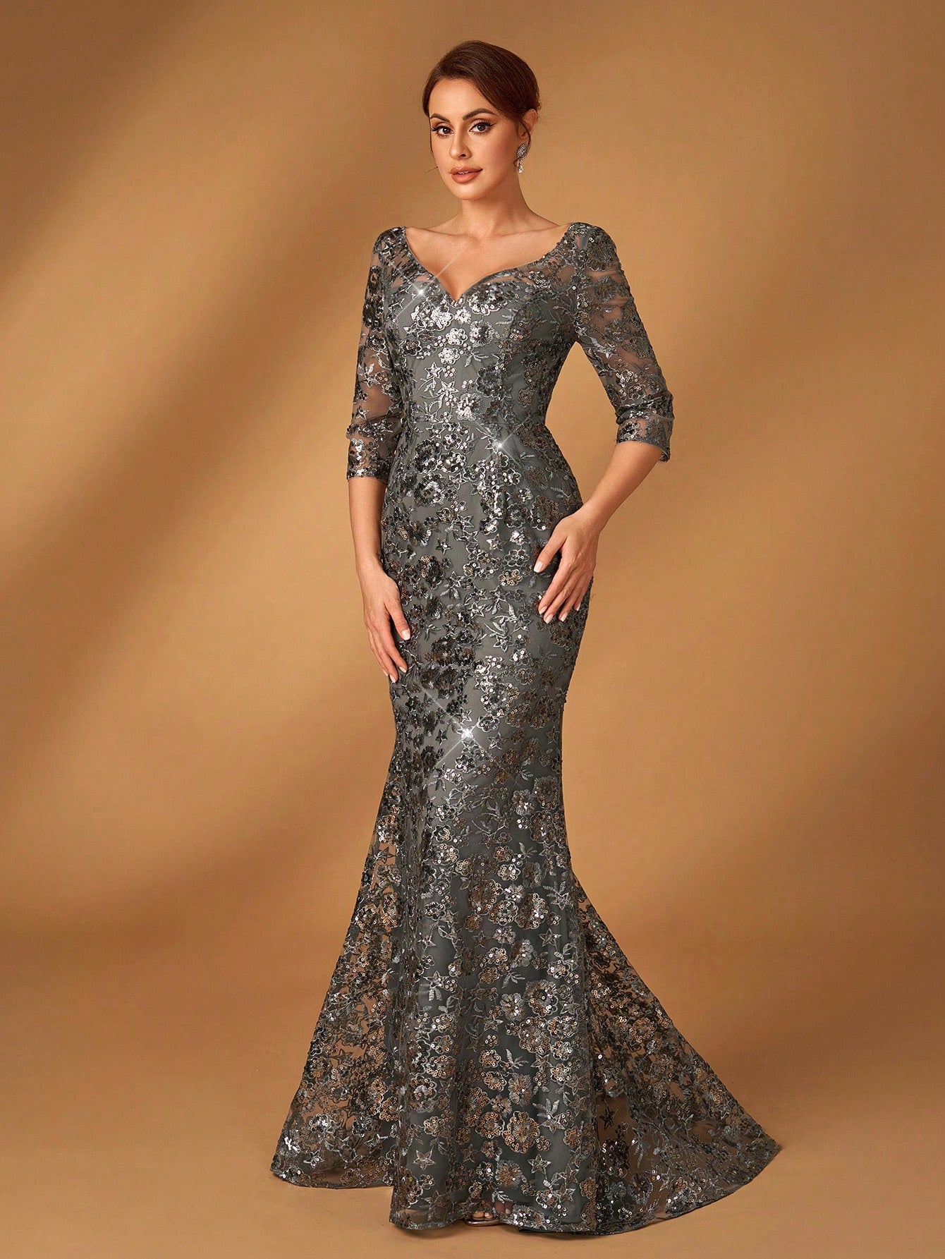 Serin Summer Elegant Dark Green Sequin Embroidery V-Neck Three-Quarter Sleeves Slim Fishtail Dress,Spring - image 6