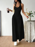 Flirla French Deep V-Neck Sexy Halter Tie-Up Splice Ruched Waist Dress