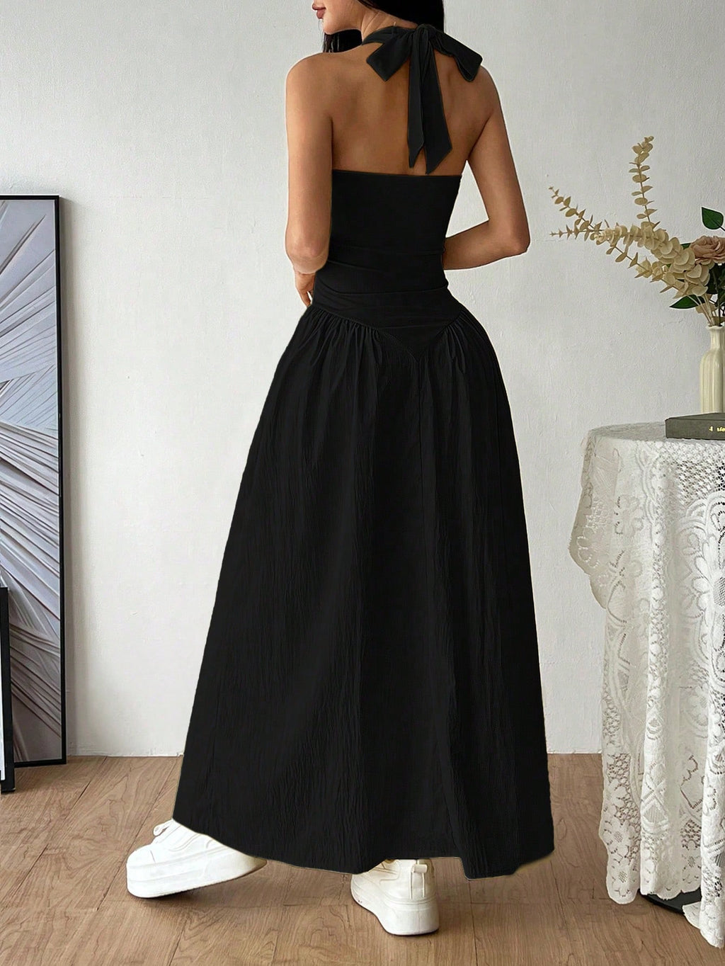 Flirla French Deep V-Neck Sexy Halter Tie-Up Splice Ruched Waist Dress