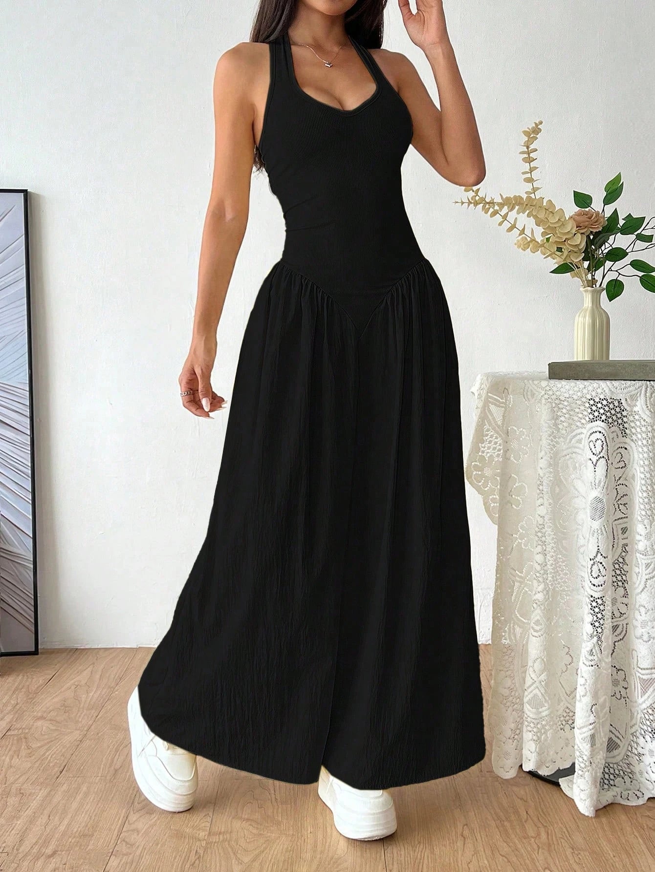 Flirla French Deep V-Neck Sexy Halter Tie-Up Splice Ruched Waist Dress