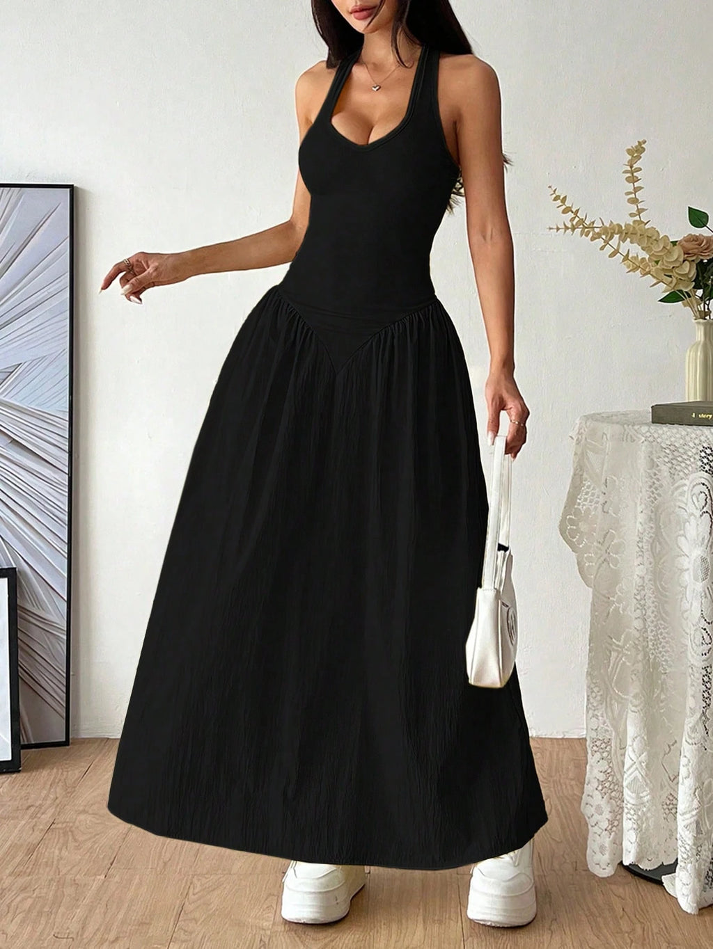 Flirla French Deep V-Neck Sexy Halter Tie-Up Splice Ruched Waist Dress