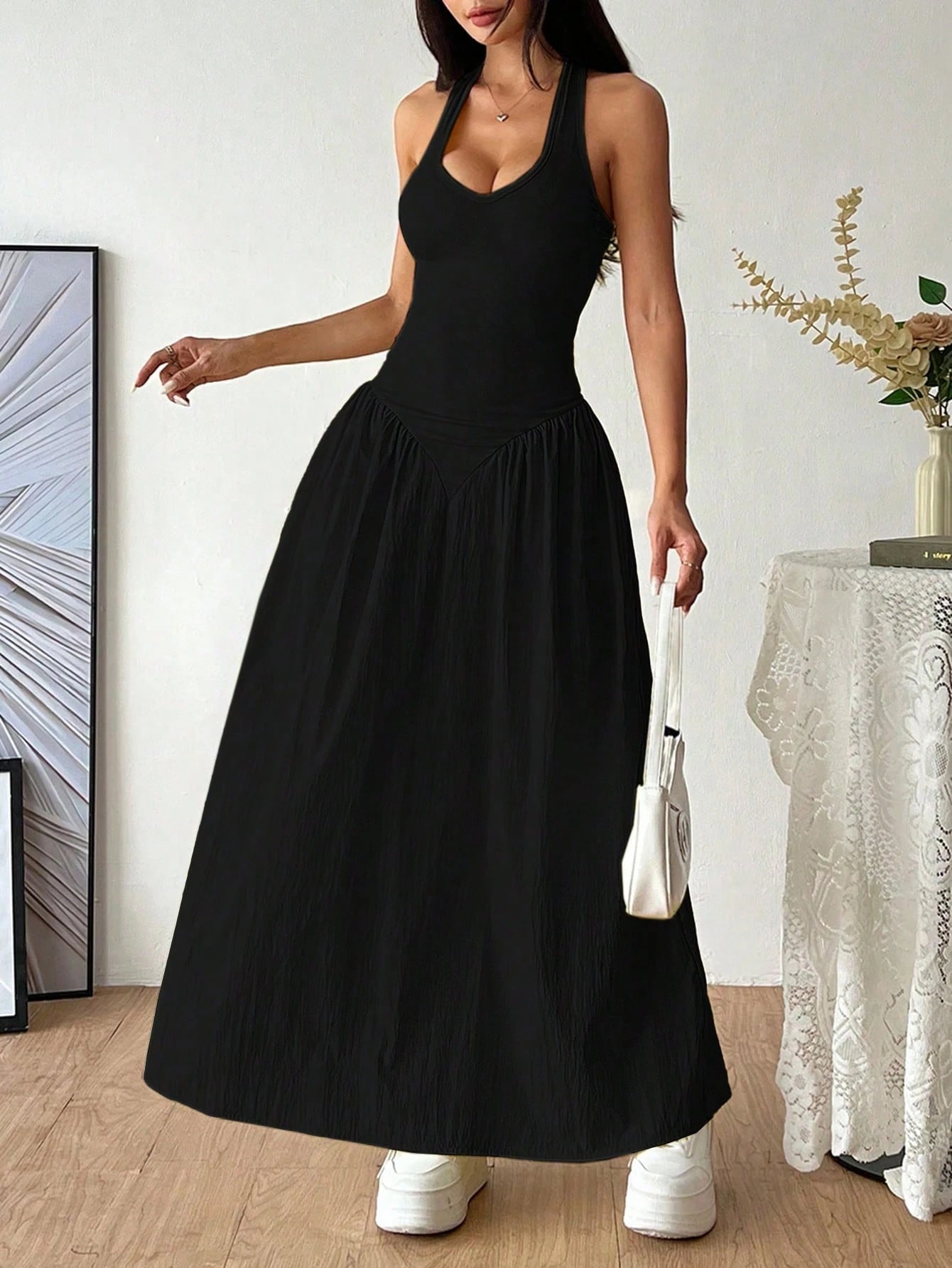 Flirla French Deep V-Neck Sexy Halter Tie-Up Splice Ruched Waist Dress