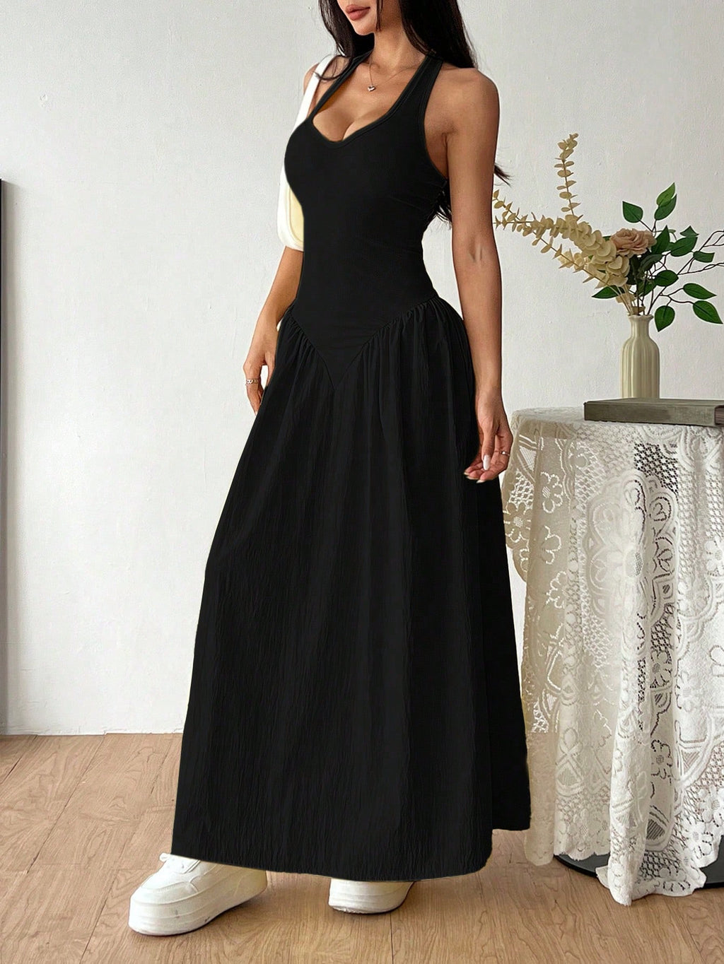 Flirla French Deep V-Neck Sexy Halter Tie-Up Splice Ruched Waist Dress