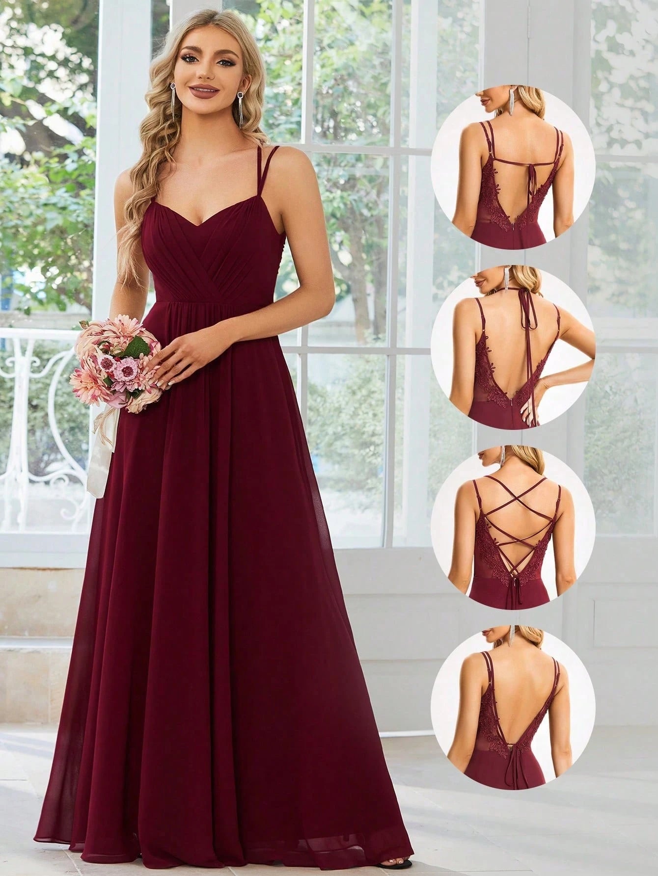 EVERPRETTY Elegant Chiffon Backless Floral Embroidered Sage Green