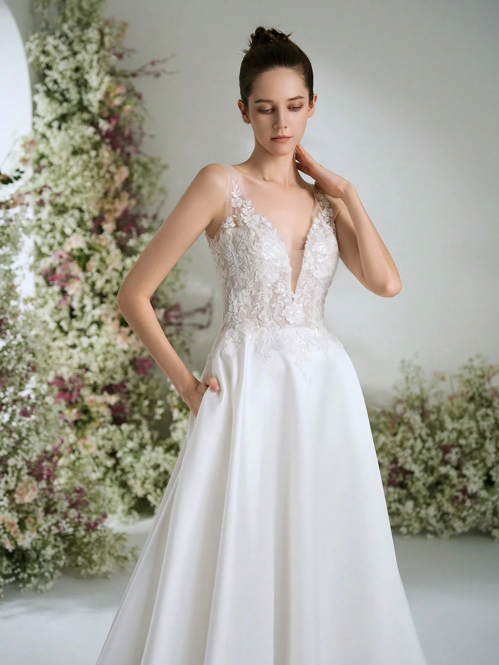 WEdding Dresses White Deep V-Neck Satin Gorgeous Formal Evening Prom Romantic Wedding Guest Gown ,Elegant - image 8