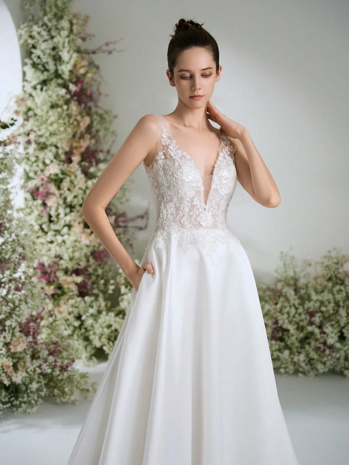 WEdding Dresses White Deep V-Neck Satin Gorgeous Formal Evening Prom Romantic Wedding Guest Gown ,Elegant - image 8