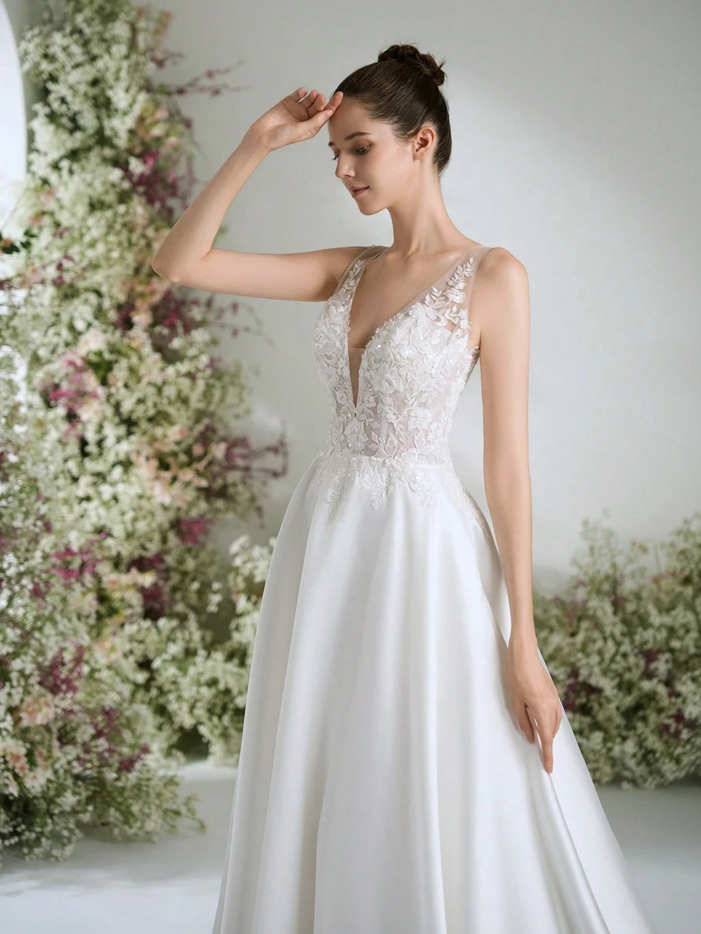 WEdding Dresses White Deep V-Neck Satin Gorgeous Formal Evening Prom Romantic Wedding Guest Gown ,Elegant - image 3