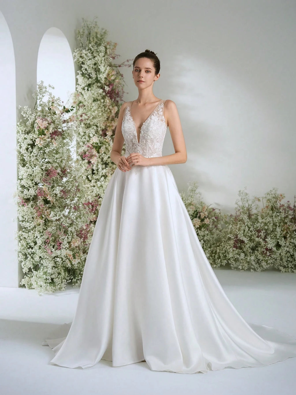 WEdding Dresses White Deep V-Neck Satin Gorgeous Formal Evening Prom Romantic Wedding Guest Gown ,Elegant