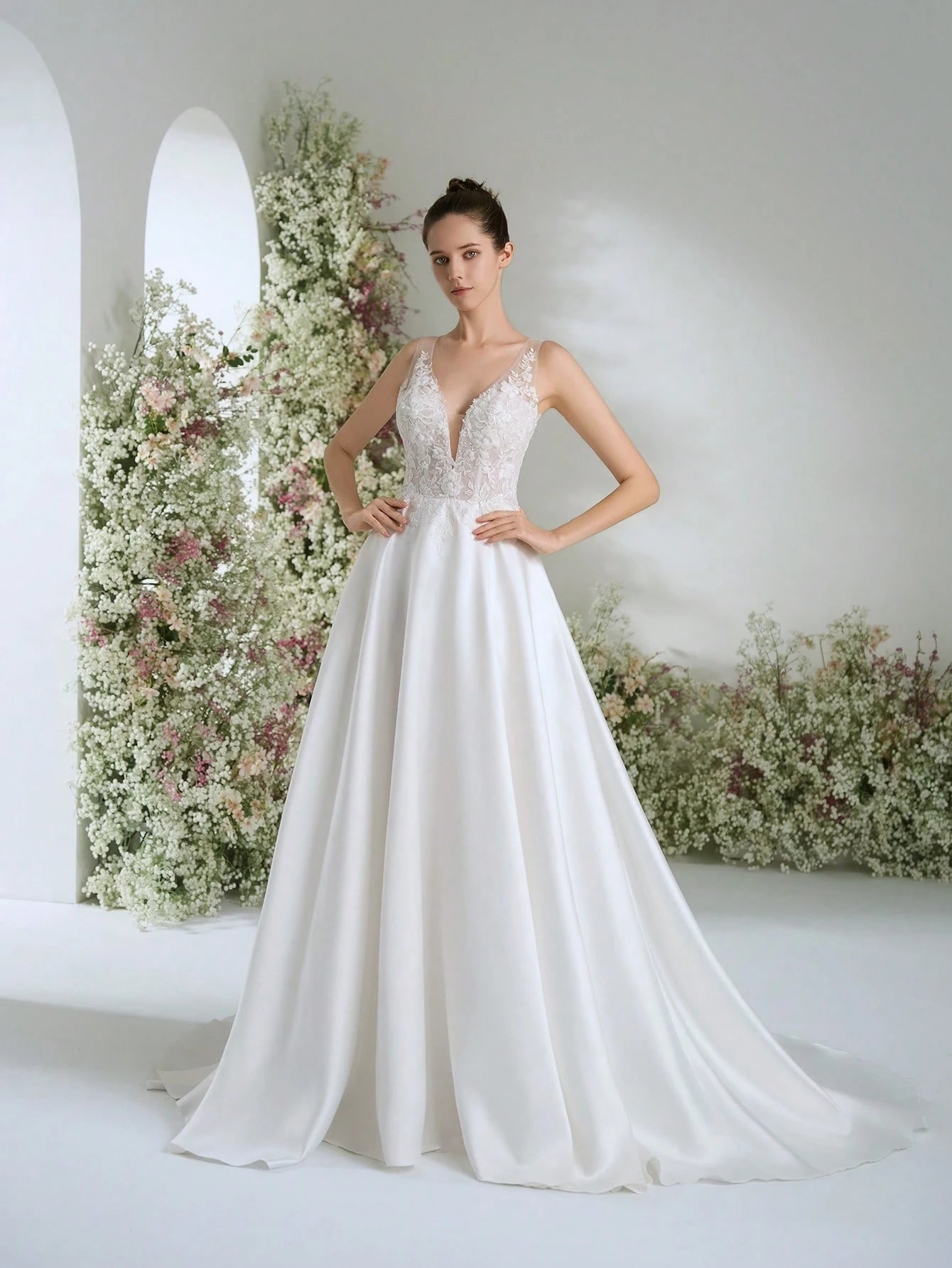 WEdding Dresses White Deep V-Neck Satin Gorgeous Formal Evening Prom Romantic Wedding Guest Gown ,Elegant - image 4