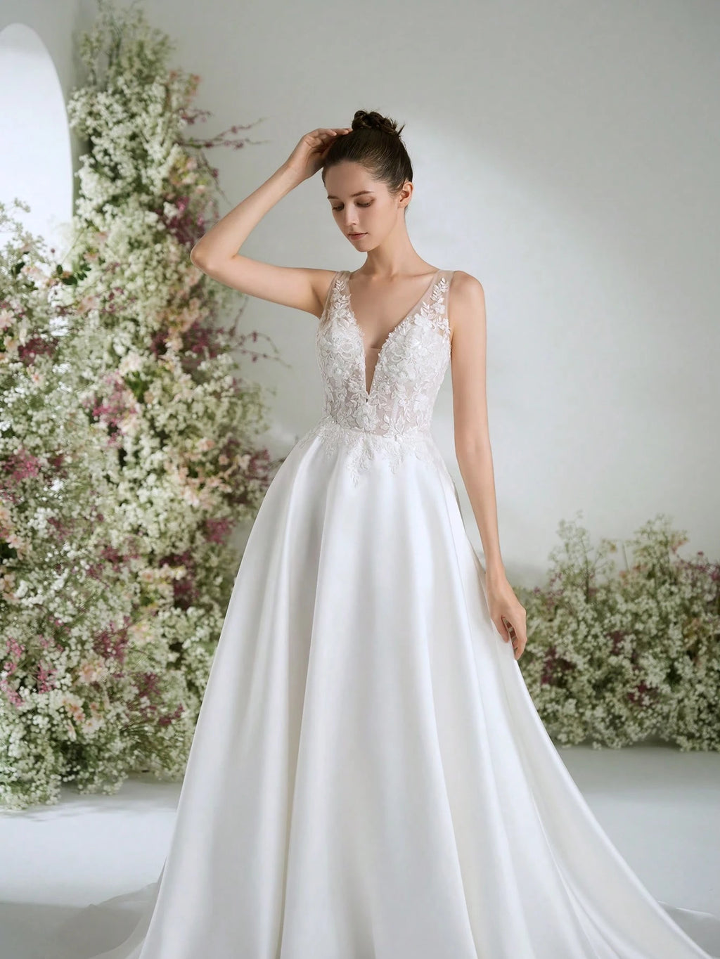 WEdding Dresses White Deep V-Neck Satin Gorgeous Formal Evening Prom Romantic Wedding Guest Gown ,Elegant - image 6