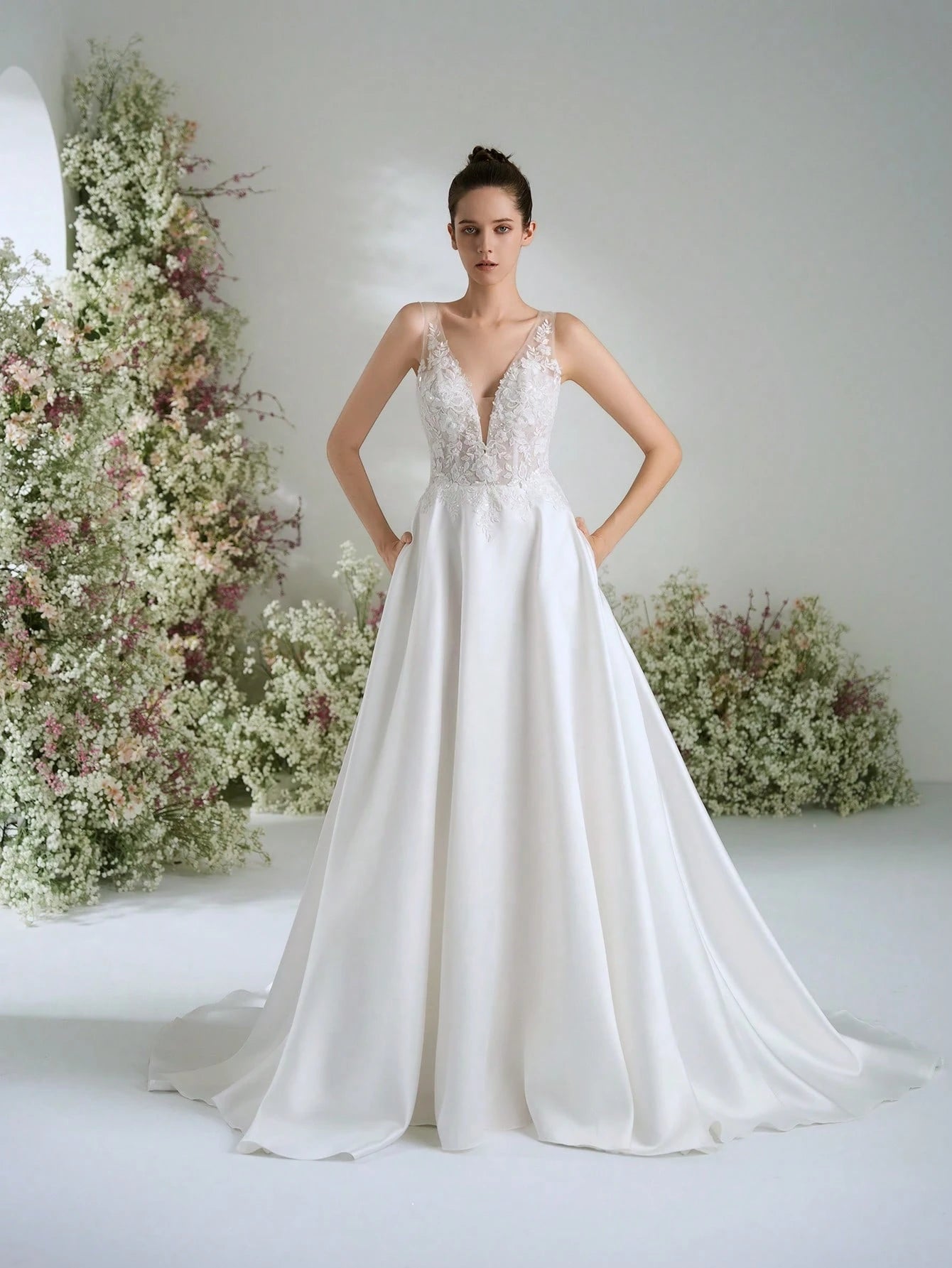 WEdding Dresses White Deep V-Neck Satin Gorgeous Formal Evening Prom Romantic Wedding Guest Gown ,Elegant - image 5