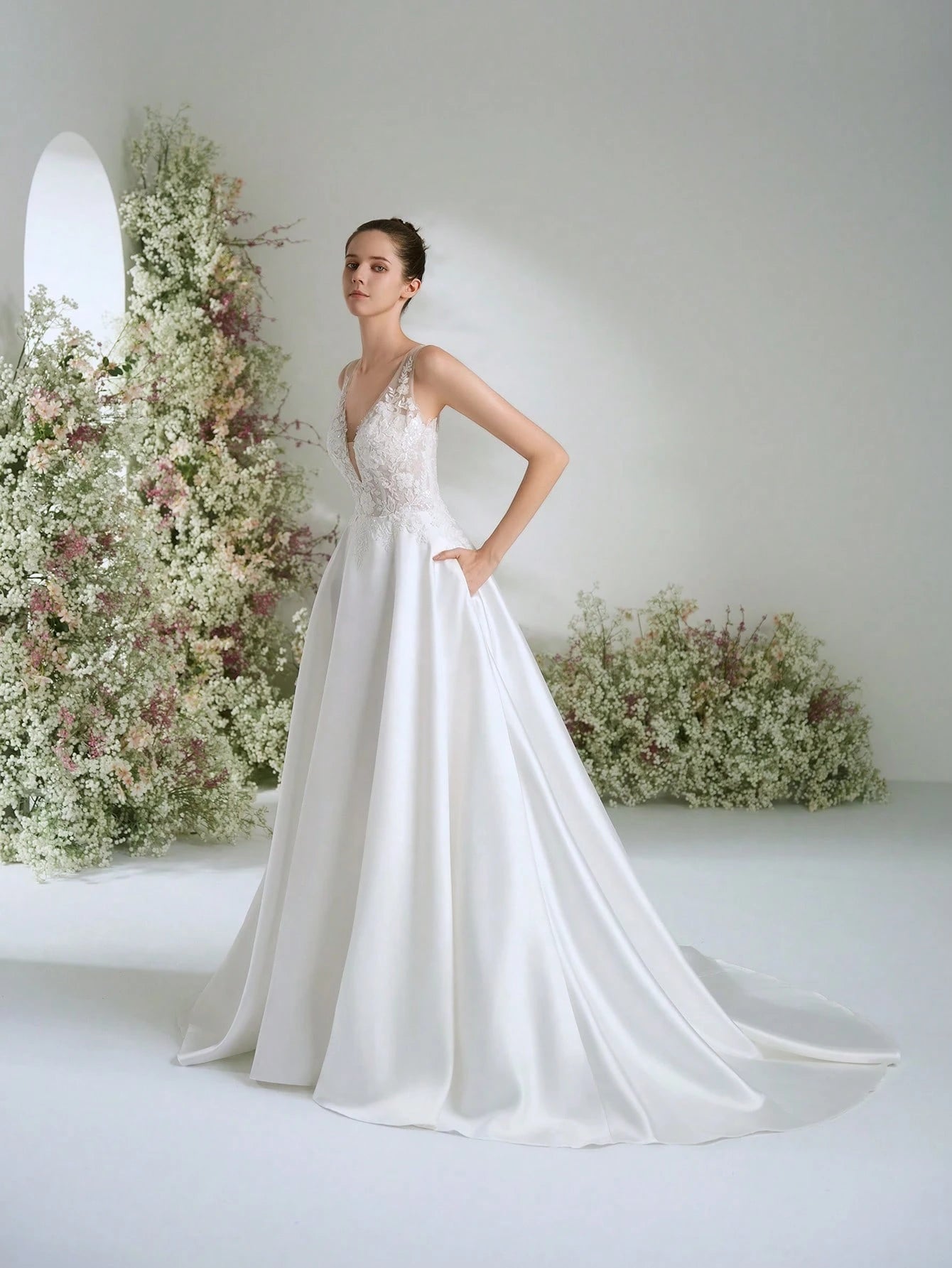 WEdding Dresses White Deep V-Neck Satin Gorgeous Formal Evening Prom Romantic Wedding Guest Gown ,Elegant - image 9