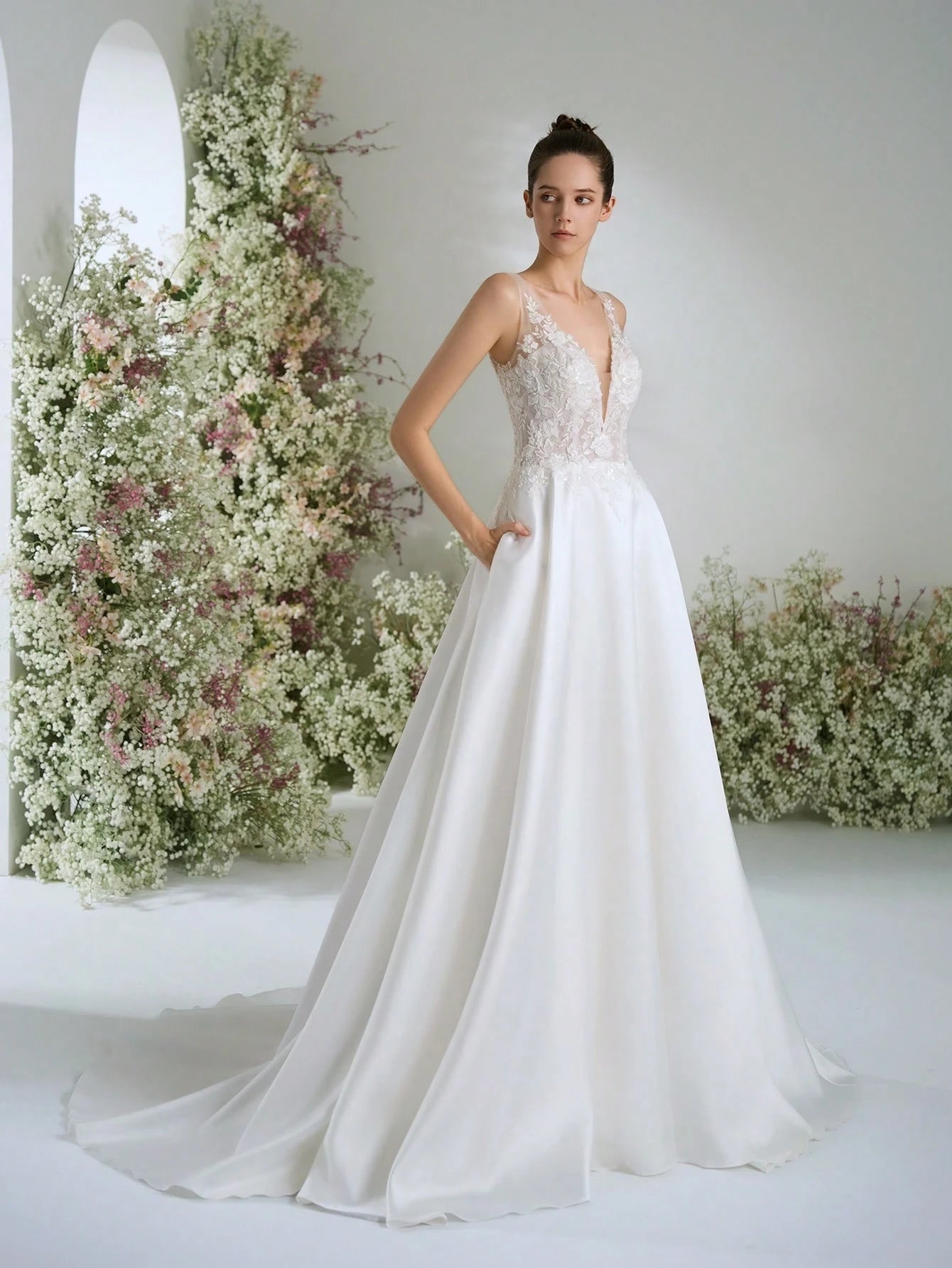 WEdding Dresses White Deep V-Neck Satin Gorgeous Formal Evening Prom Romantic Wedding Guest Gown ,Elegant - image 7