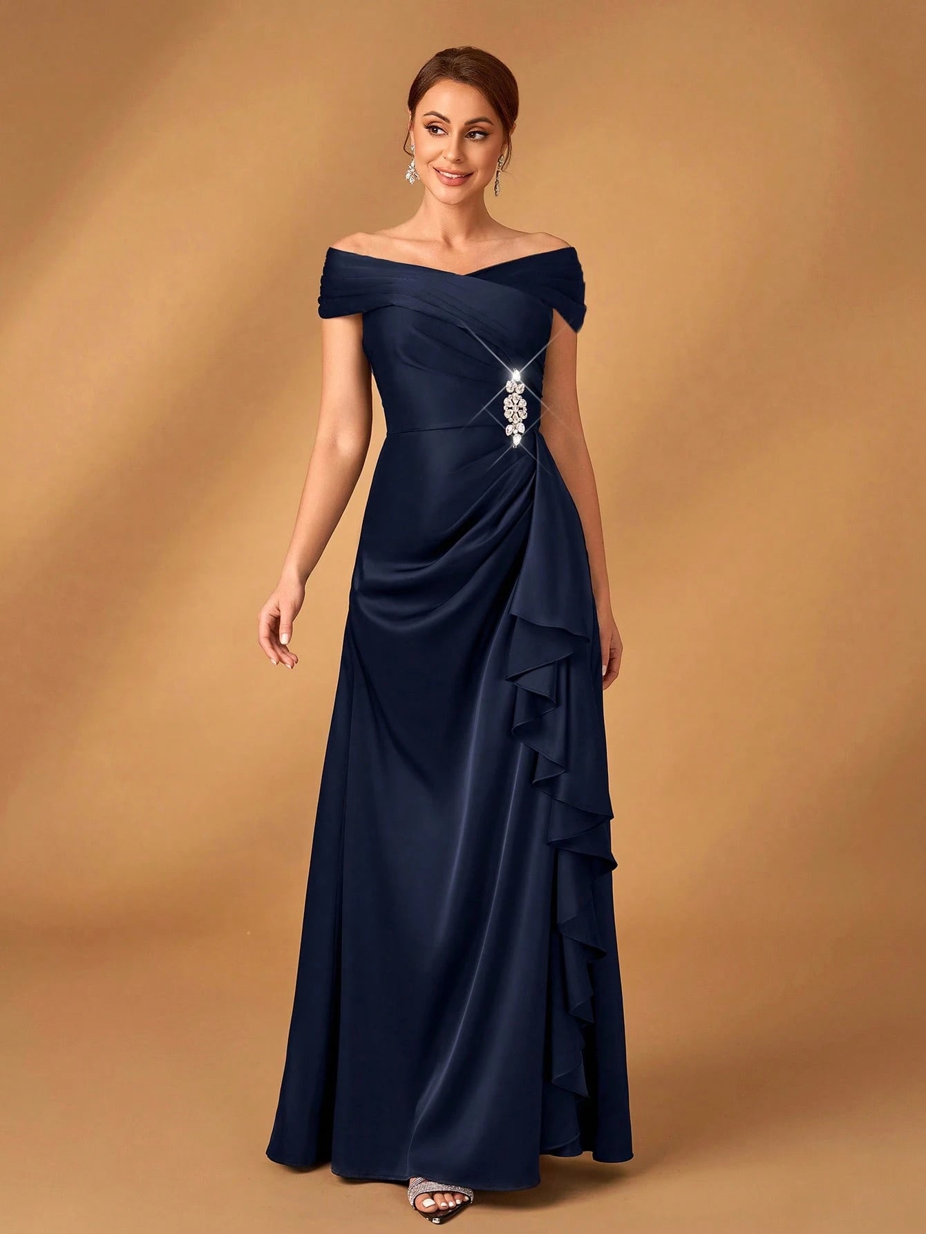 Serin Elegant Satin Off Shoulder Pleated A-Line Asymmetric Ruffle Hem Dress, Suitable For Evening Party, - image 8