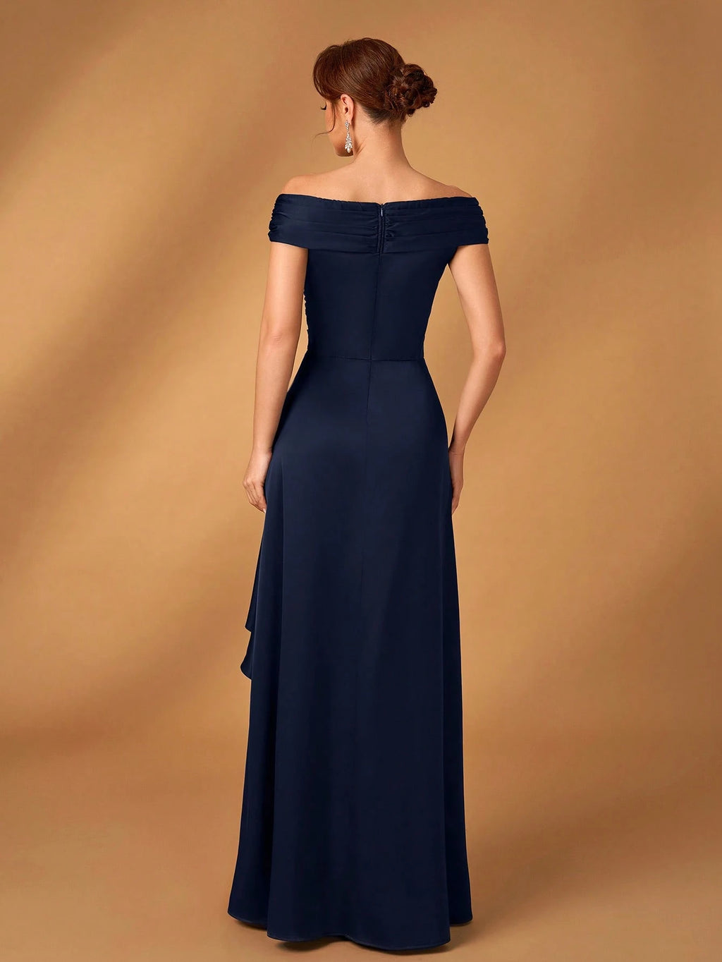 Serin Elegant Satin Off Shoulder Pleated A-Line Asymmetric Ruffle Hem Dress, Suitable For Evening Party, - image 10