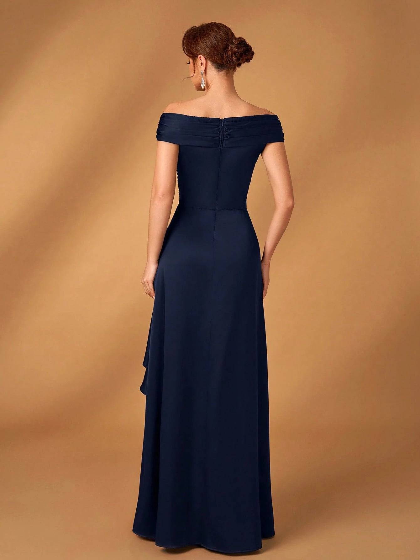 Serin Elegant Satin Off Shoulder Pleated A-Line Asymmetric Ruffle Hem Dress, Suitable For Evening Party, - image 10