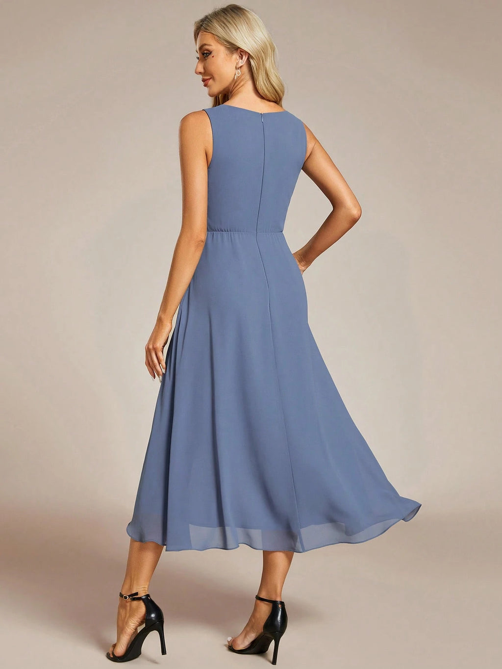 EVERPRETTY Elegant Spring V-Neck Embroidered Chiffon Pleated Navy Blue Bridesmaid Dress, Formal Evening Gown - image 2