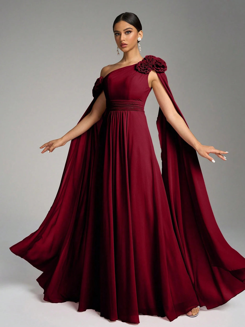 SUPGIR Asymmetrical Neck Floral Decor Extra Long Draped Waist Pleat Chiffon Dress, Bridesmaid Dress Wedding - image 8