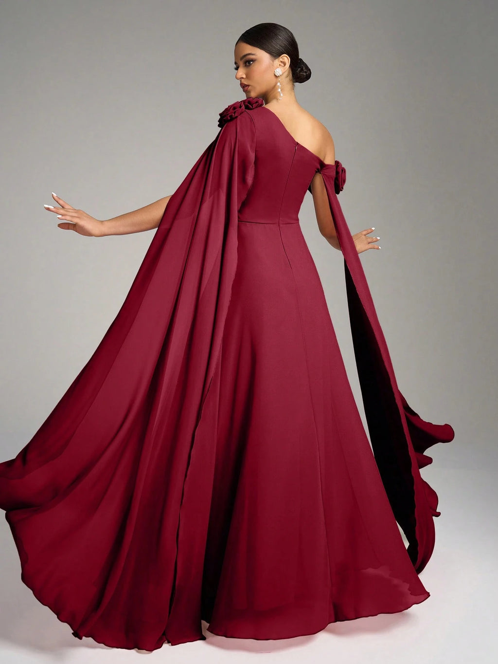 SUPGIR Asymmetrical Neck Floral Decor Extra Long Draped Waist Pleat Chiffon Dress, Bridesmaid Dress Wedding - image 6