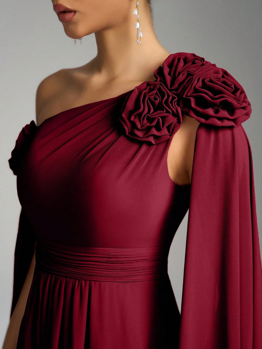 SUPGIR Asymmetrical Neck Floral Decor Extra Long Draped Waist Pleat Chiffon Dress, Bridesmaid Dress Wedding - image 7