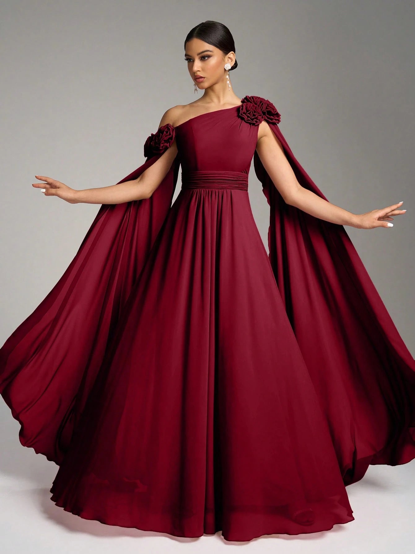 SUPGIR Asymmetrical Neck Floral Decor Long Flounce Waist Maxi Chiffon Dress, Bridesmaid Dress Wedding Elegant - image 10