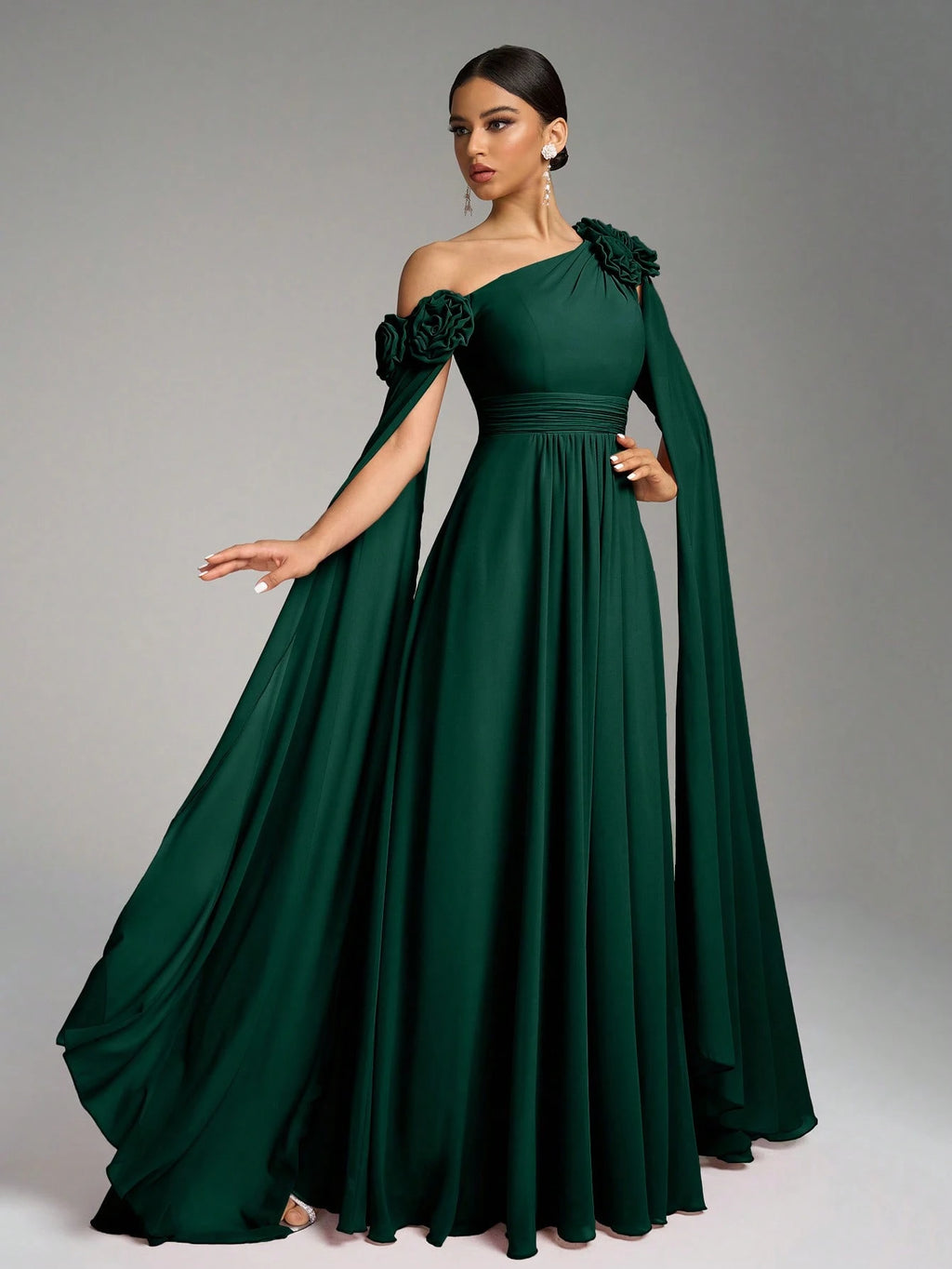 SUPGIR Asymmetrical Neck Floral Decor Long Flounce Waist Maxi Chiffon Dress, Bridesmaid Dress Wedding Elegant - image 18