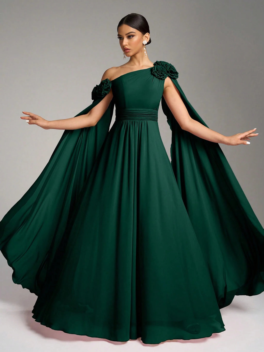 SUPGIR Asymmetrical Neck Floral Decor Long Flounce Waist Maxi Chiffon Dress, Bridesmaid Dress Wedding Elegant - image 12