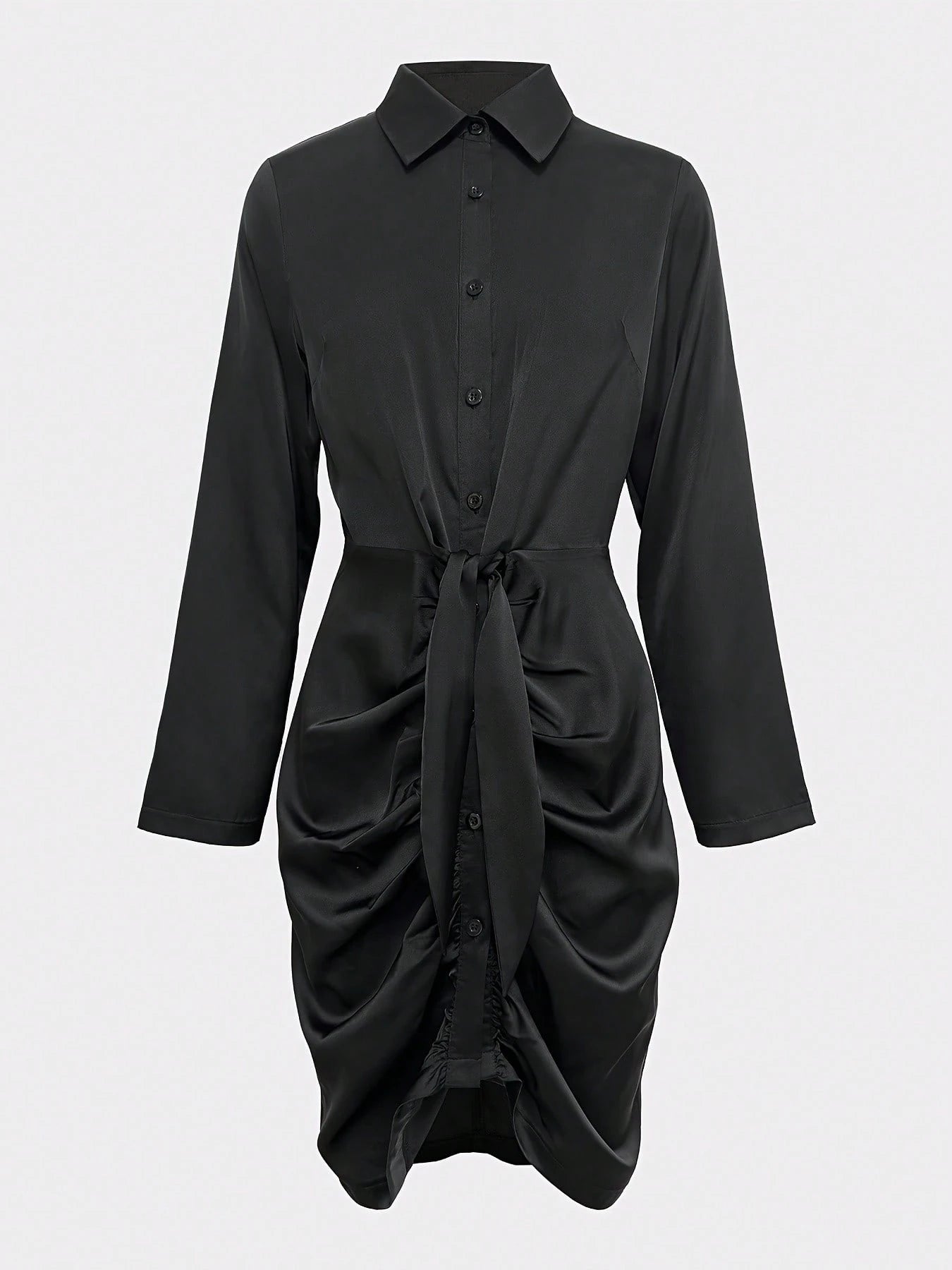 Pleated Button Dress, Elegant Button Fitted Dress, Women Clothing Black - image 2