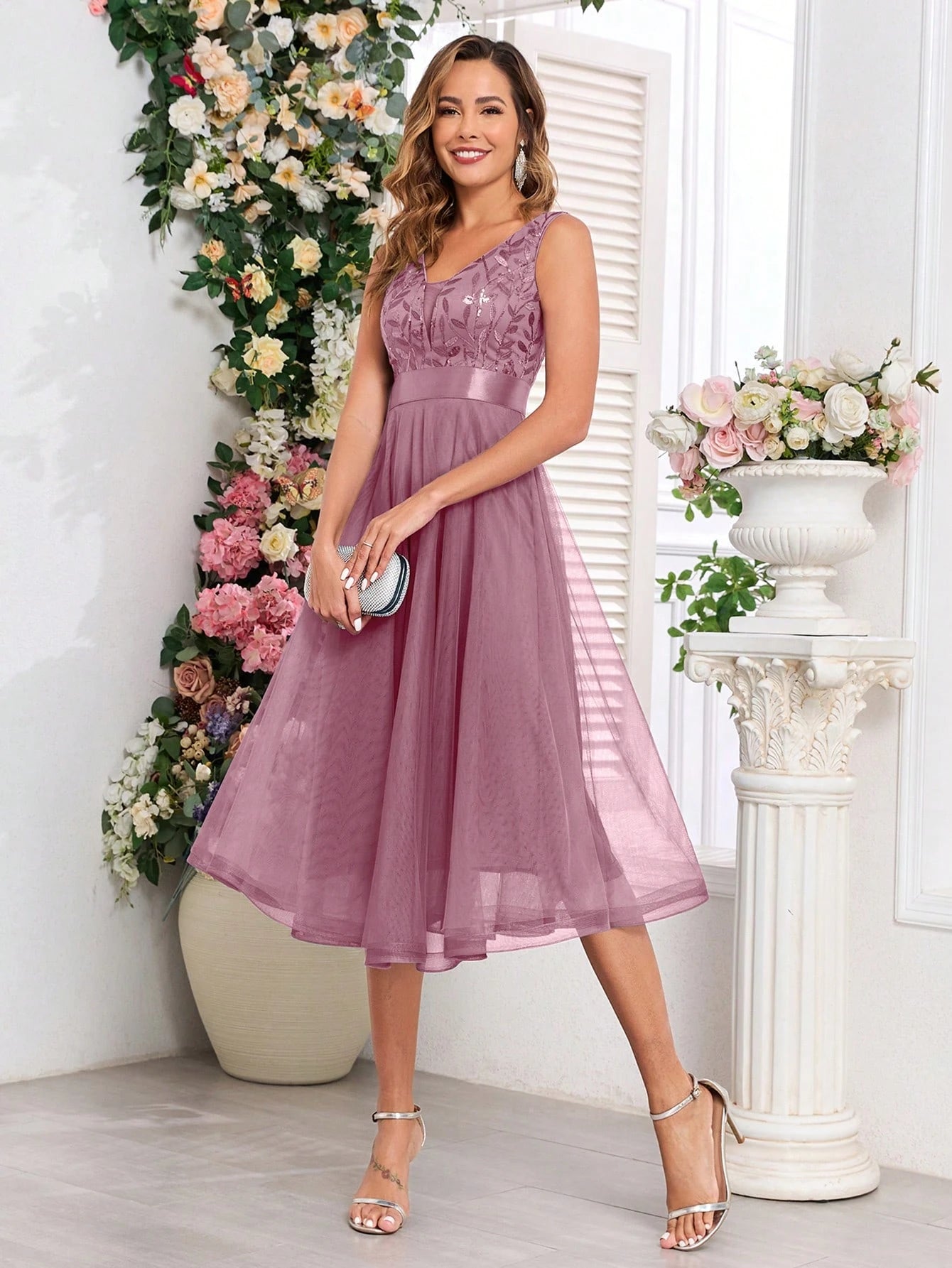 XUCTHHC Elegant V-Neck Sleeveless Sequin Embroidery & Mesh A-Line Bridesmaid Dress Wedding - image 20