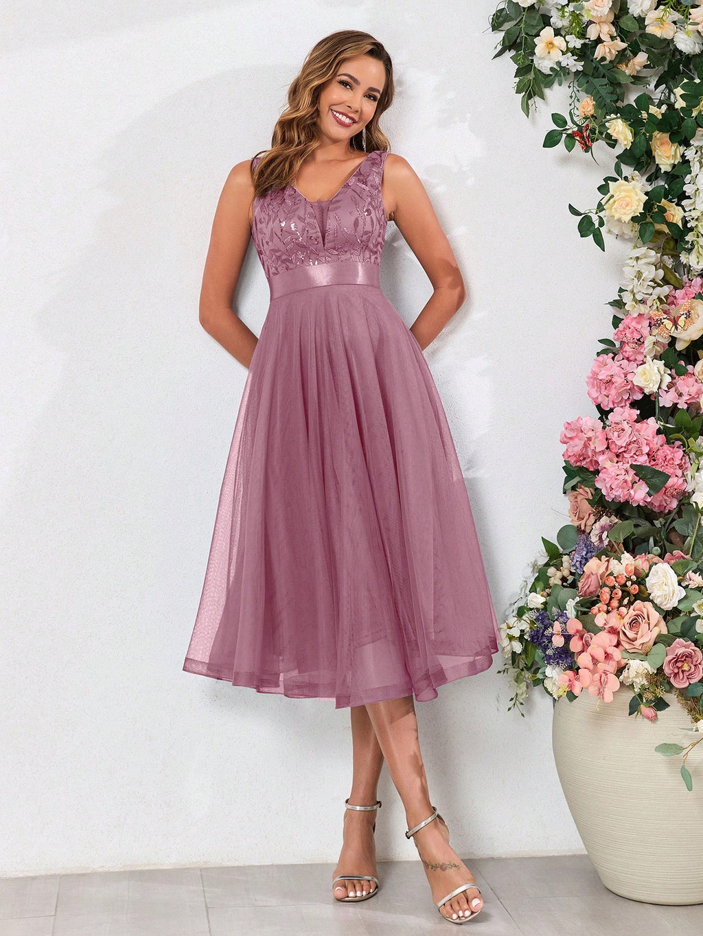 XUCTHHC Elegant V-Neck Sleeveless Sequin Embroidery & Mesh A-Line Bridesmaid Dress Wedding - image 19