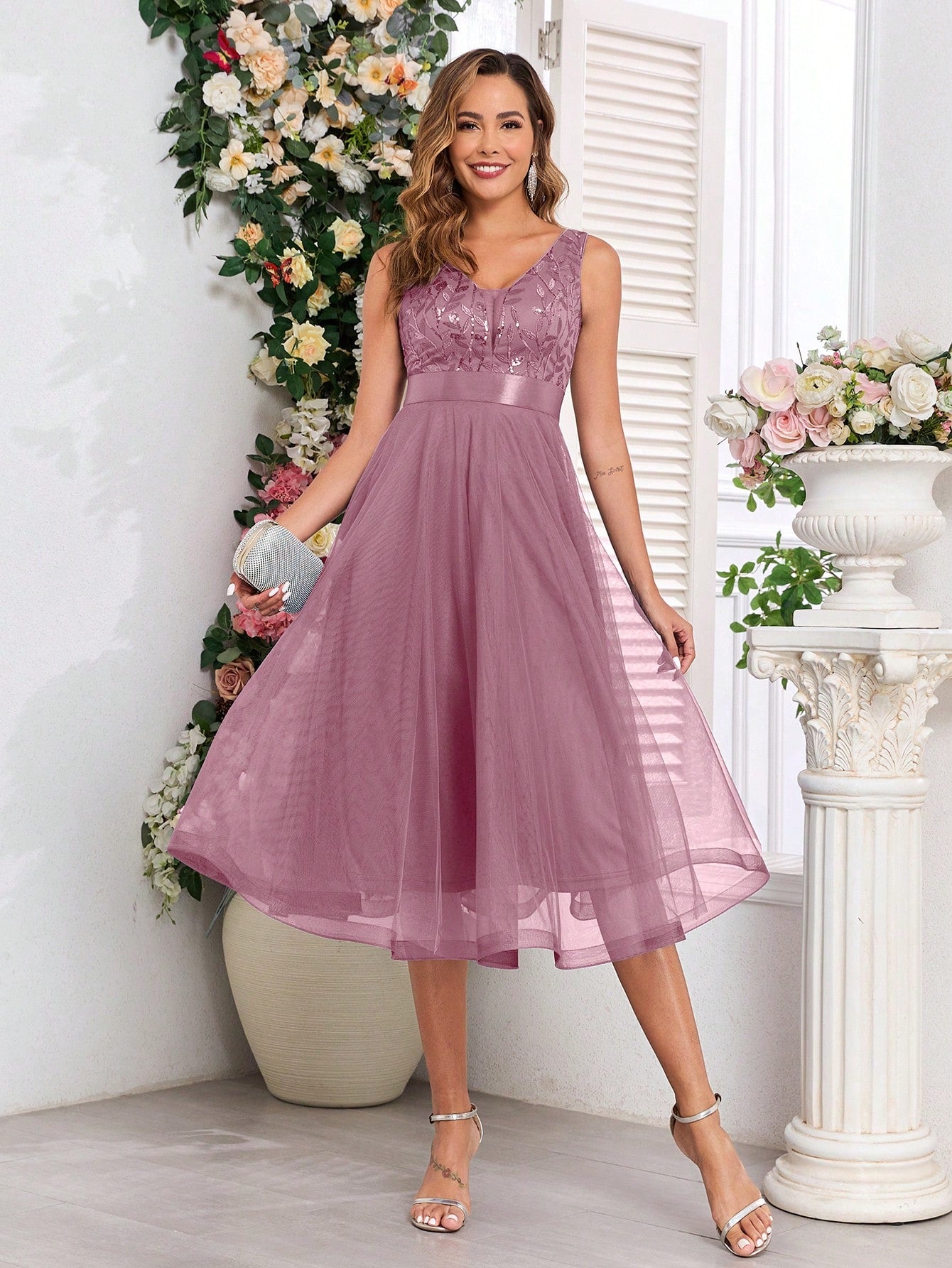 XUCTHHC Elegant V-Neck Sleeveless Sequin Embroidery & Mesh A-Line Bridesmaid Dress Wedding - image 17